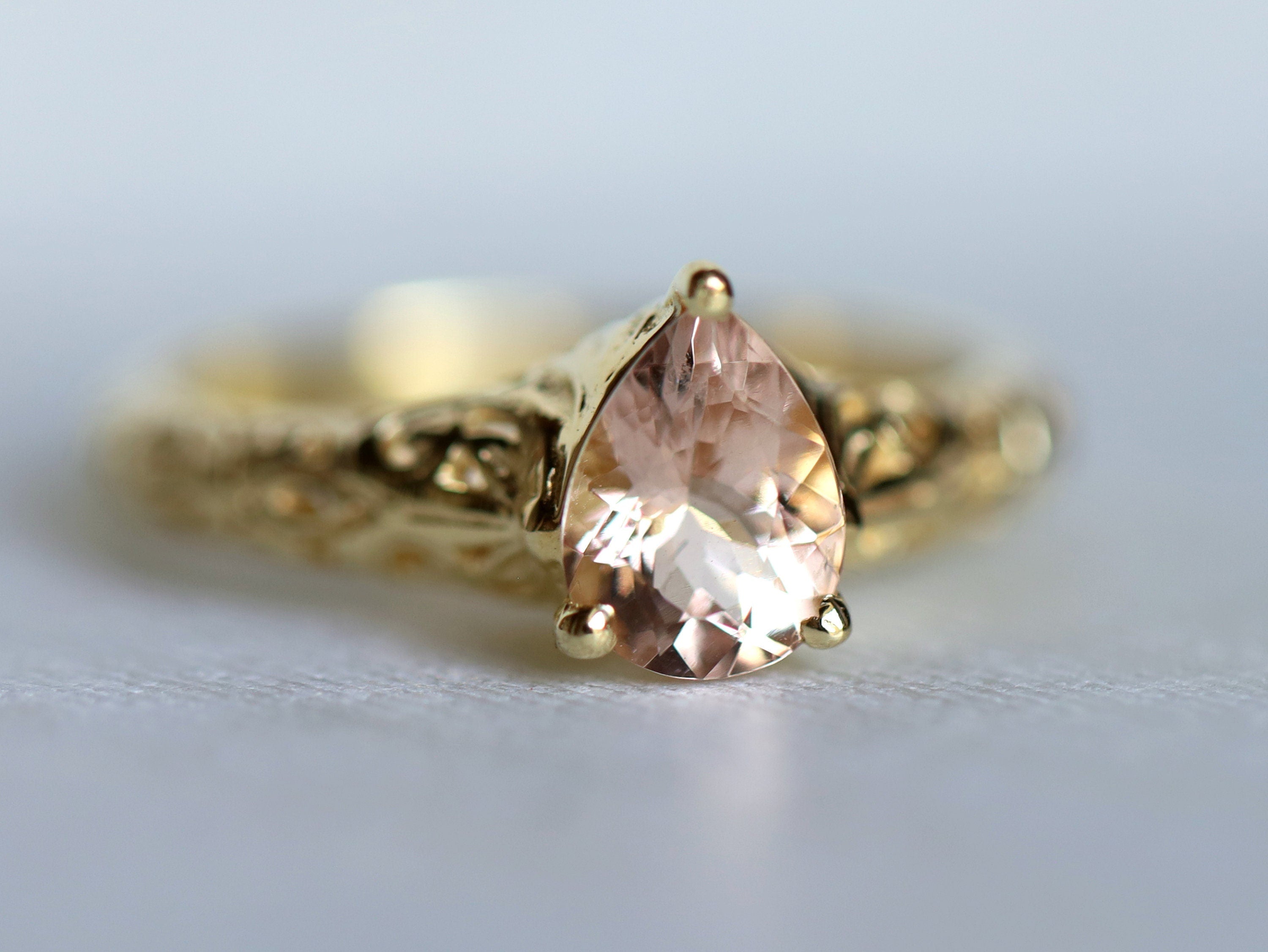 Morganite Engagement Ring | Filigree Pear Cut Morganite Ring | October Birthstone -