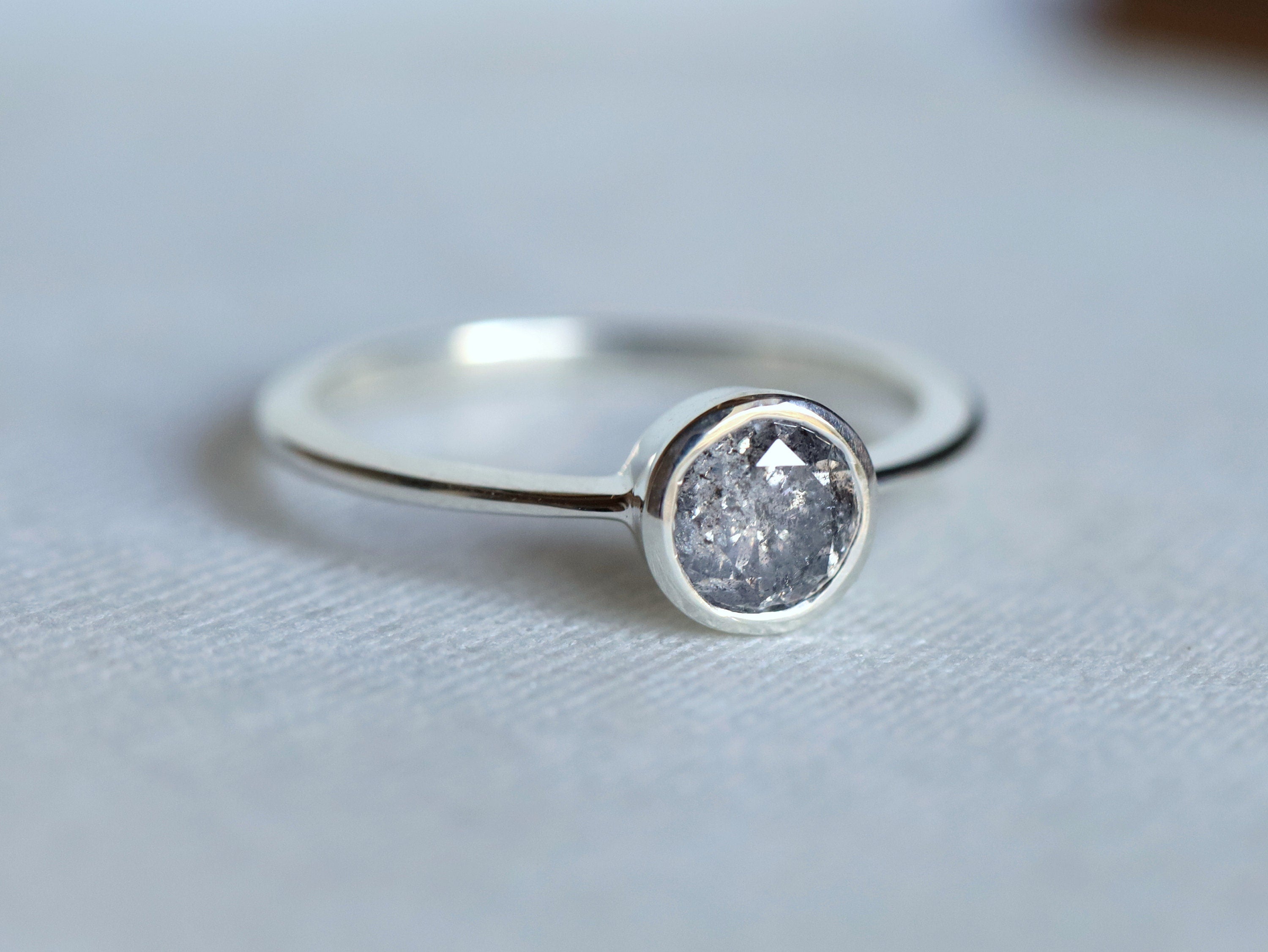 Salt and Pepper Diamond Ring | Gray Diamond Stacking Ring | Bezel Set Minimal Diamond Ring -