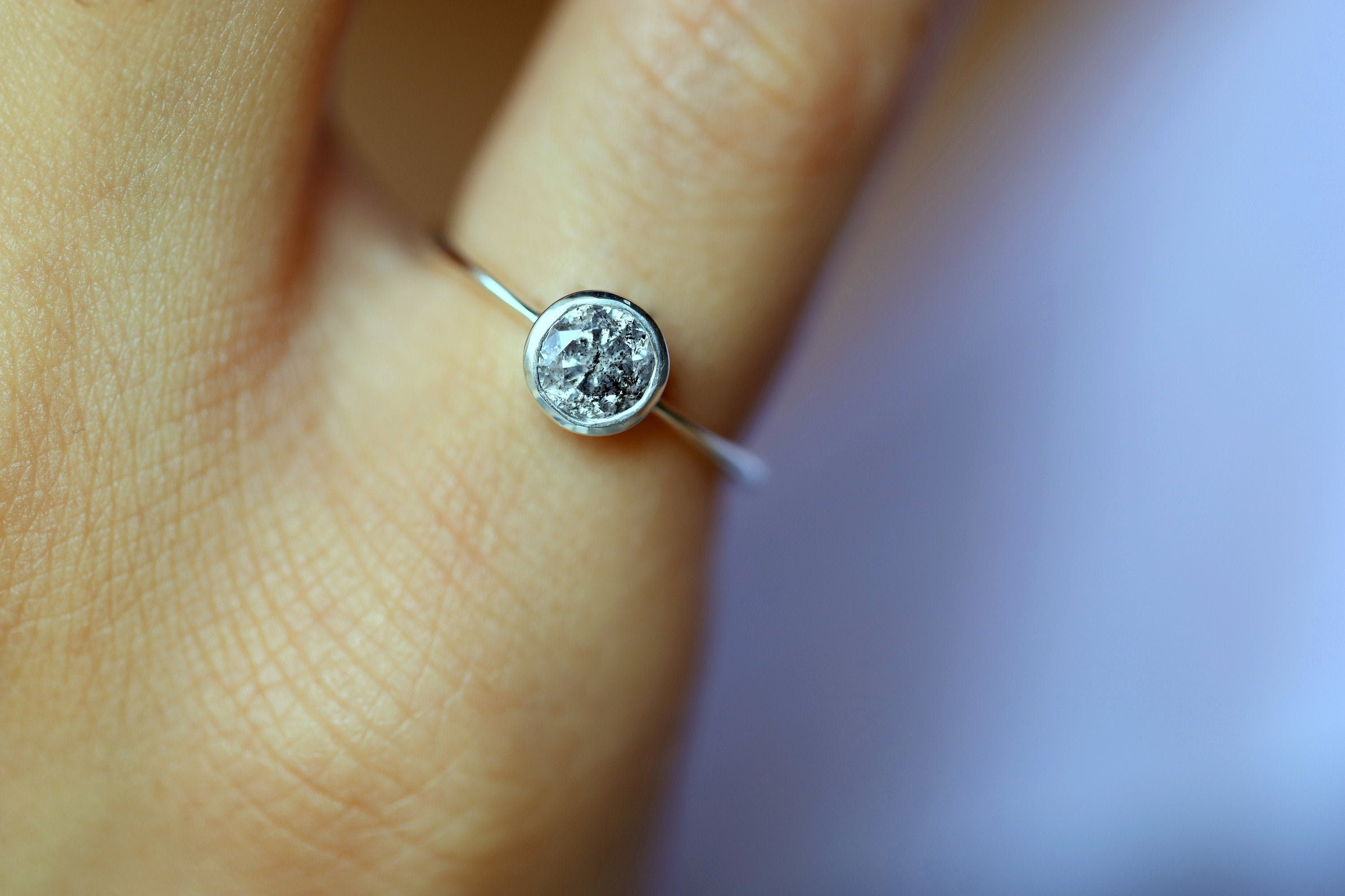 Salt and Pepper Diamond Ring | Gray Diamond Stacking Ring | Bezel Set Minimal Diamond Ring -