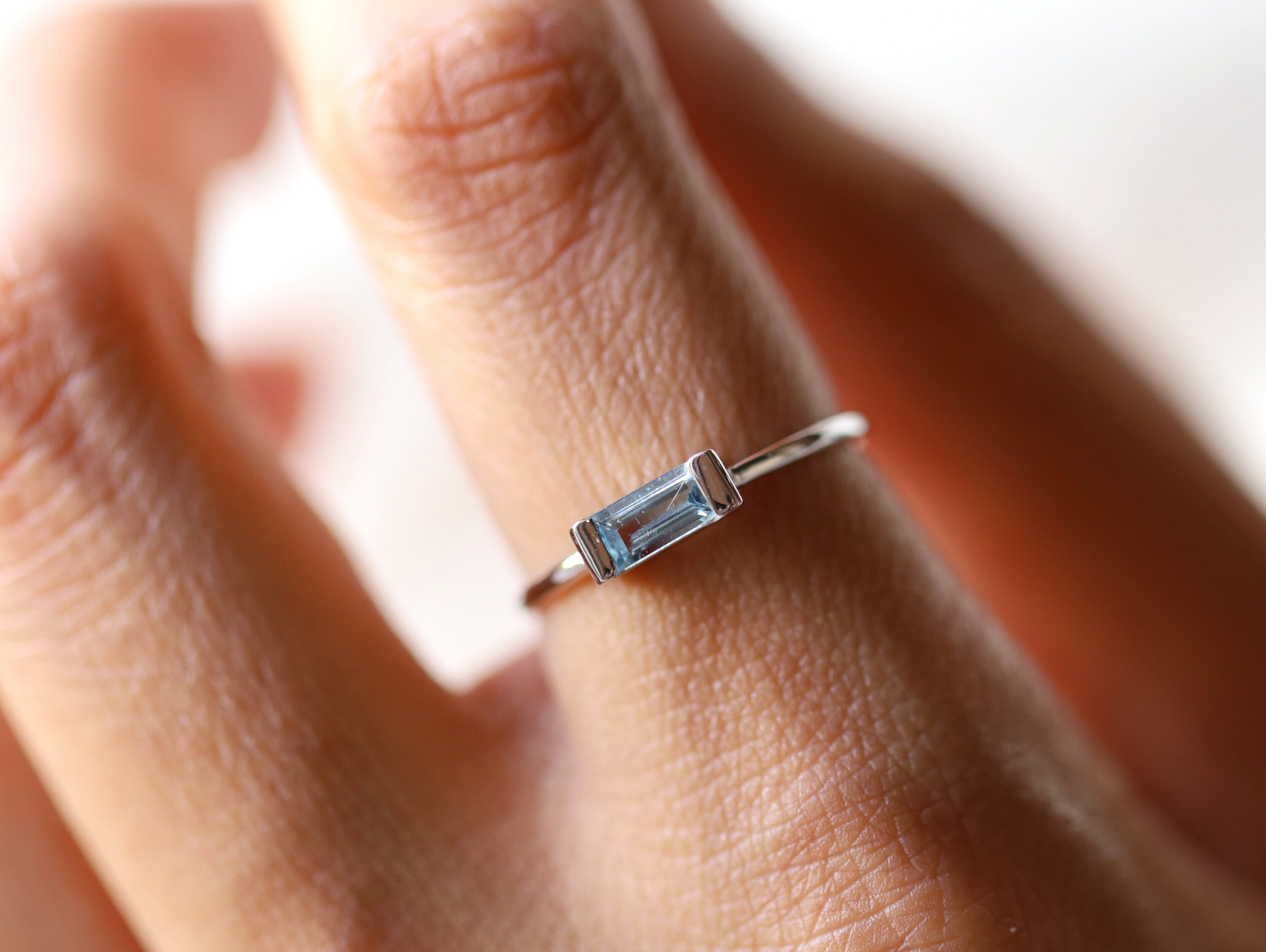 Aquamarine Baguette Ring | March Birthstone Gold Stacking Ring | Dainty Aquamarine Ring -