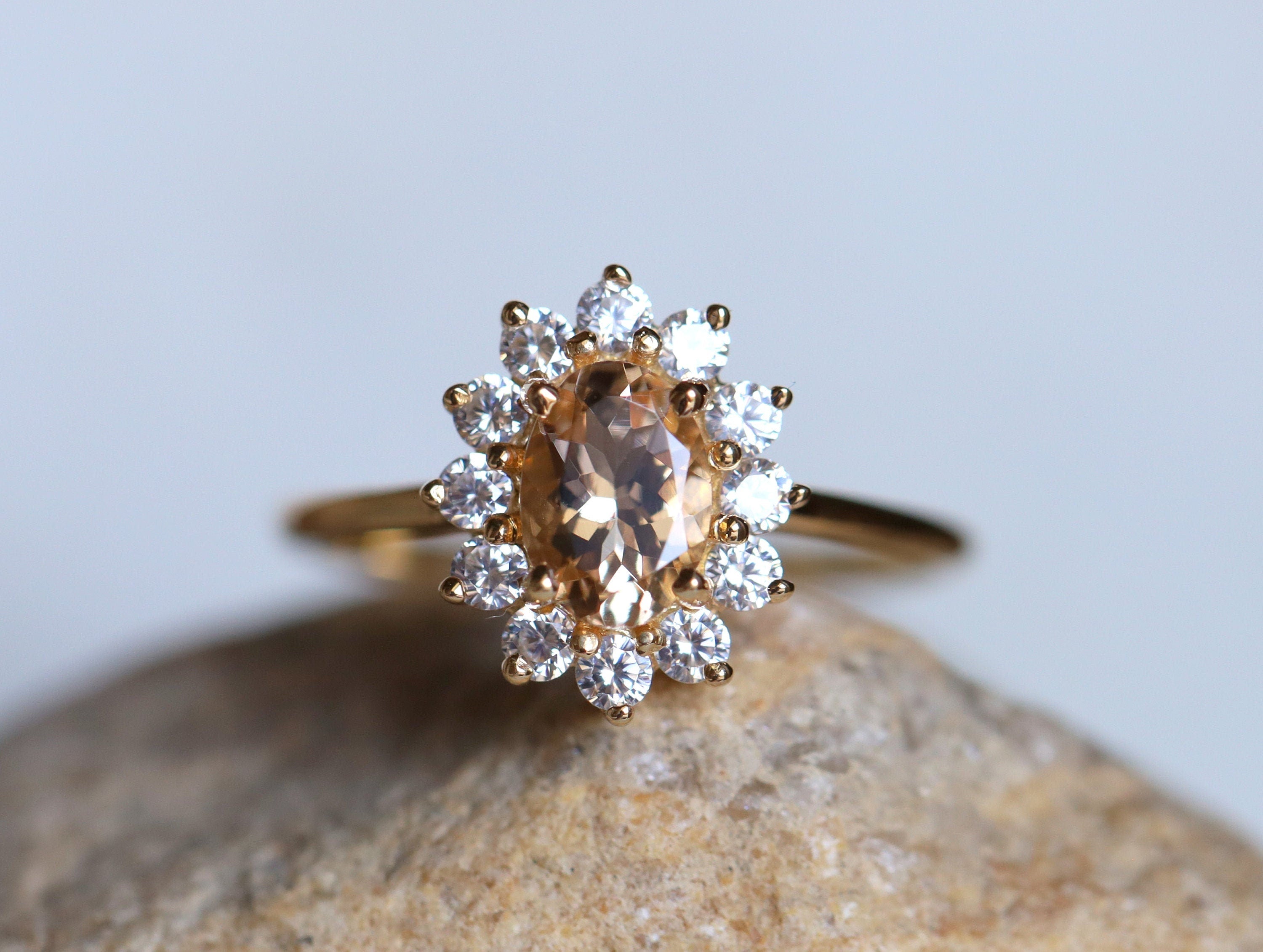 Morganite Halo Engagement Ring | Art Deco Oval Cut Morganite & Diamond Ring -