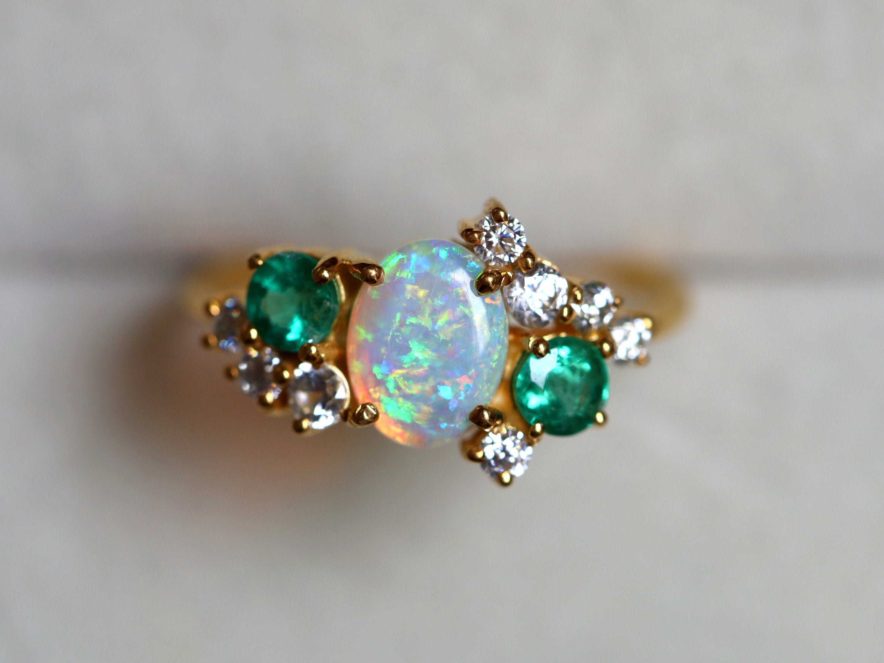 Australian Opal Engagement Ring | Opal & Emerald Cluster Ring | Fire Opal Diamond Ring -