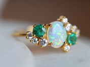 Australian Opal Engagement Ring | Opal & Emerald Cluster Ring | Fire Opal Diamond Ring -
