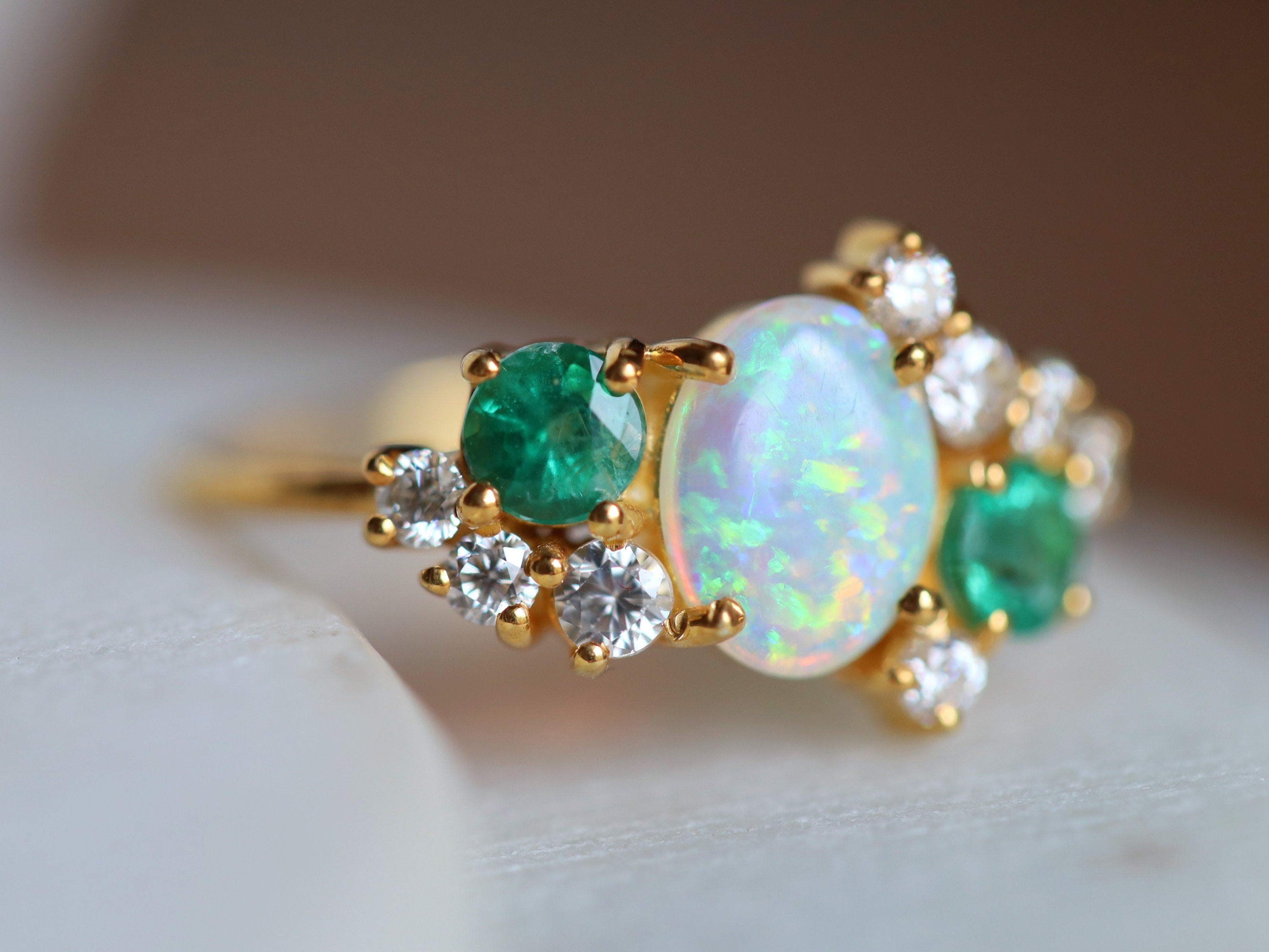 Australian Opal Engagement Ring | Opal & Emerald Cluster Ring | Fire Opal Diamond Ring -