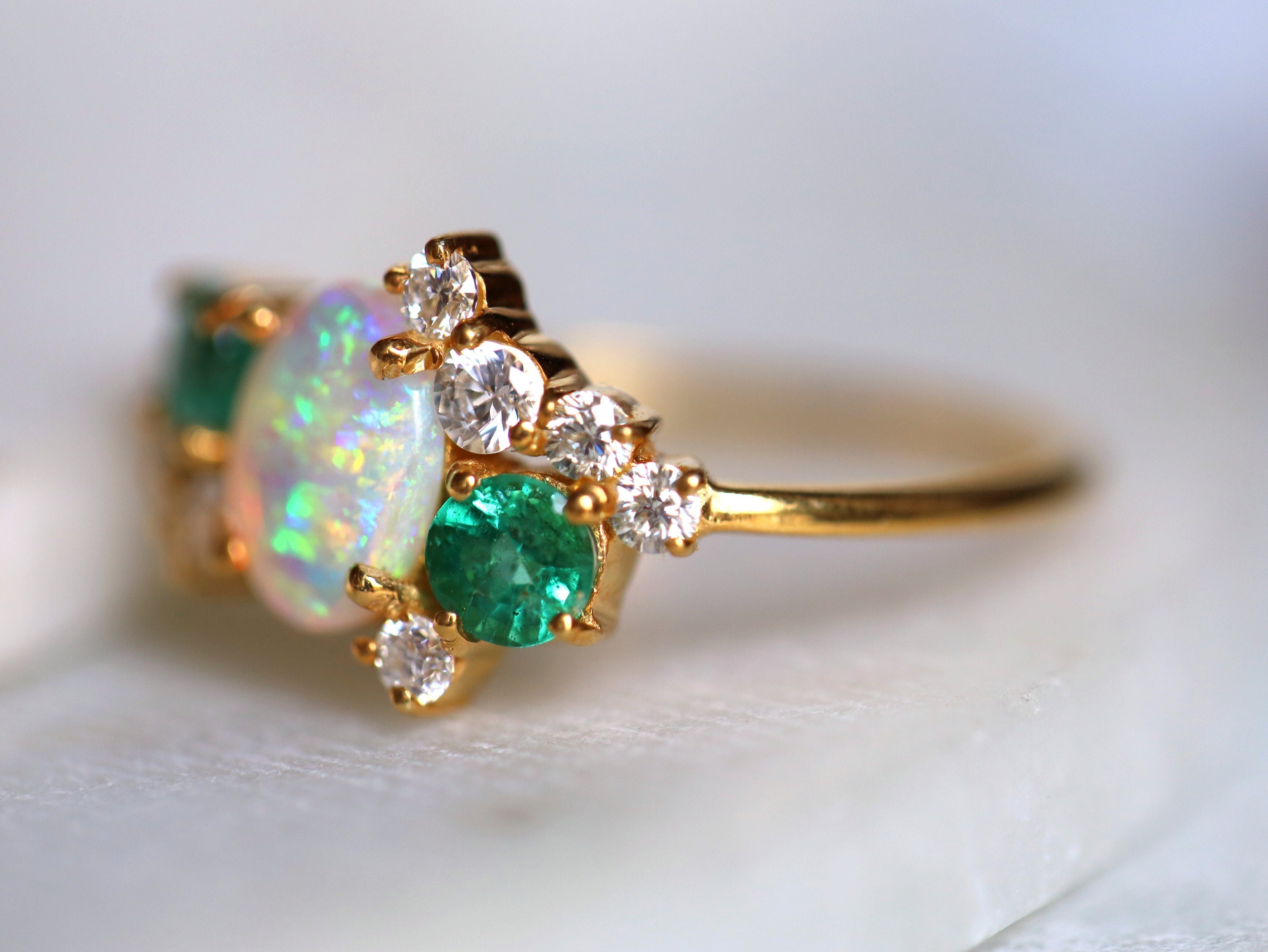 Australian Opal Engagement Ring | Opal & Emerald Cluster Ring | Fire Opal Diamond Ring -