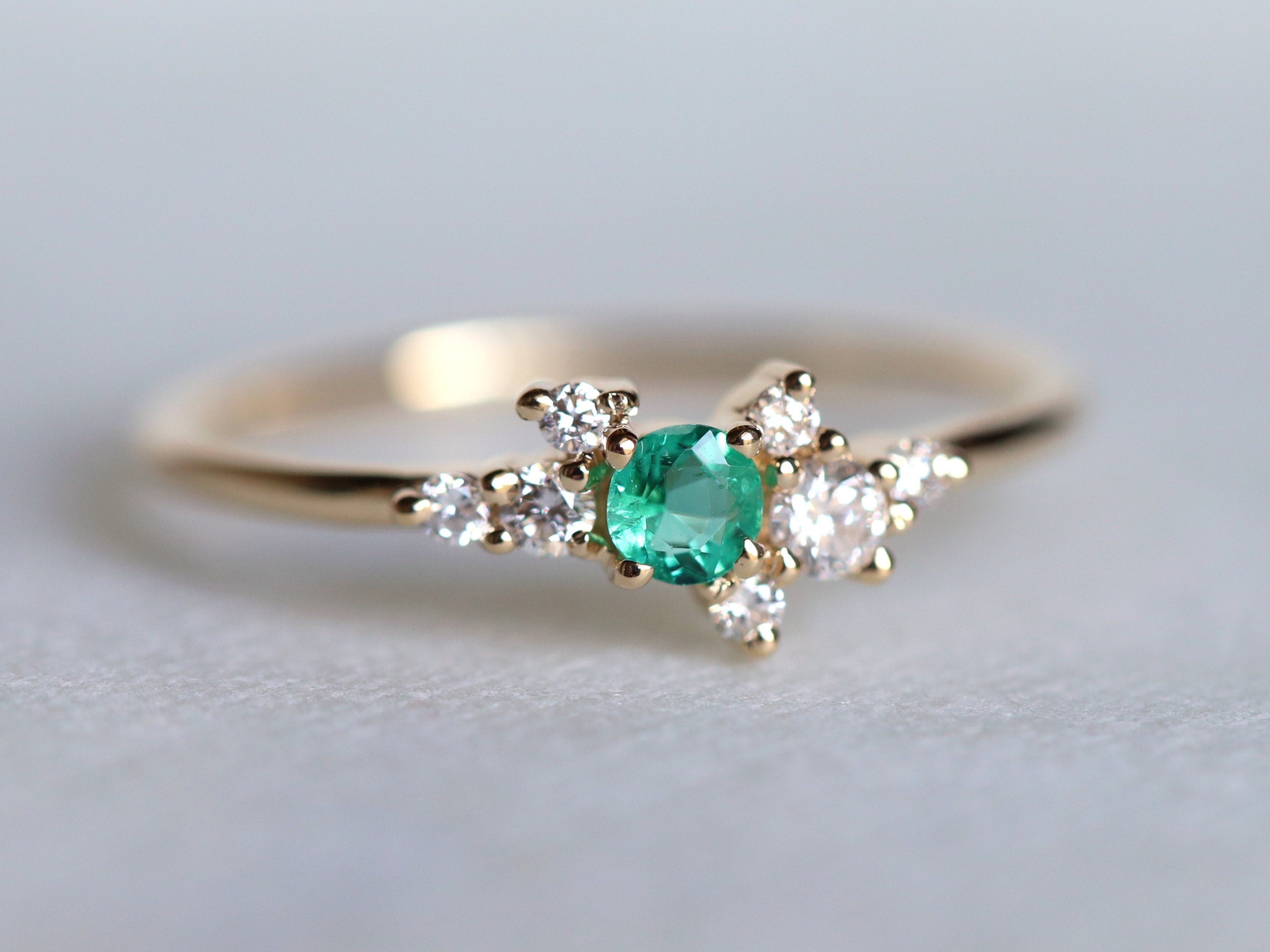 Gold Emerald Diamond Stacking Cluster Ring | Emerald Stacking Ring | Dainty Diamond Emerald Ring -