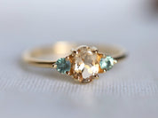 Vintage Morganite Engagement Ring | Oval Cut Morganite, Green Sapphire Accent, March Birthstone -