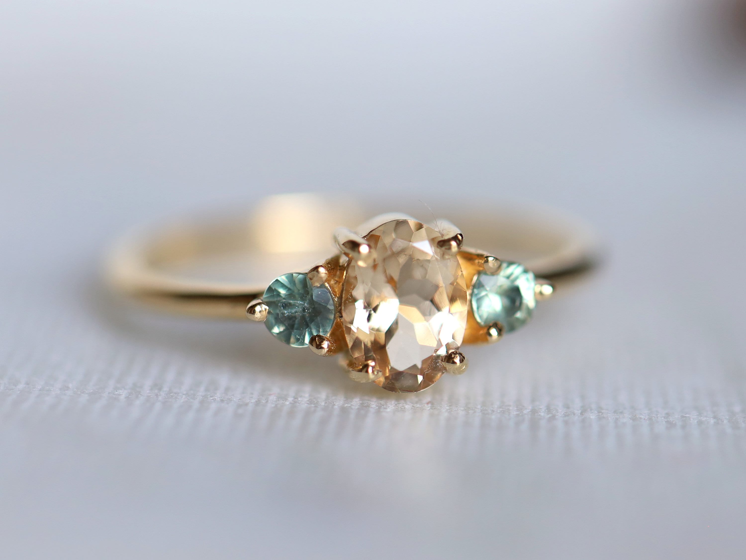 Vintage Morganite Engagement Ring | Oval Cut Morganite, Green Sapphire Accent, March Birthstone -