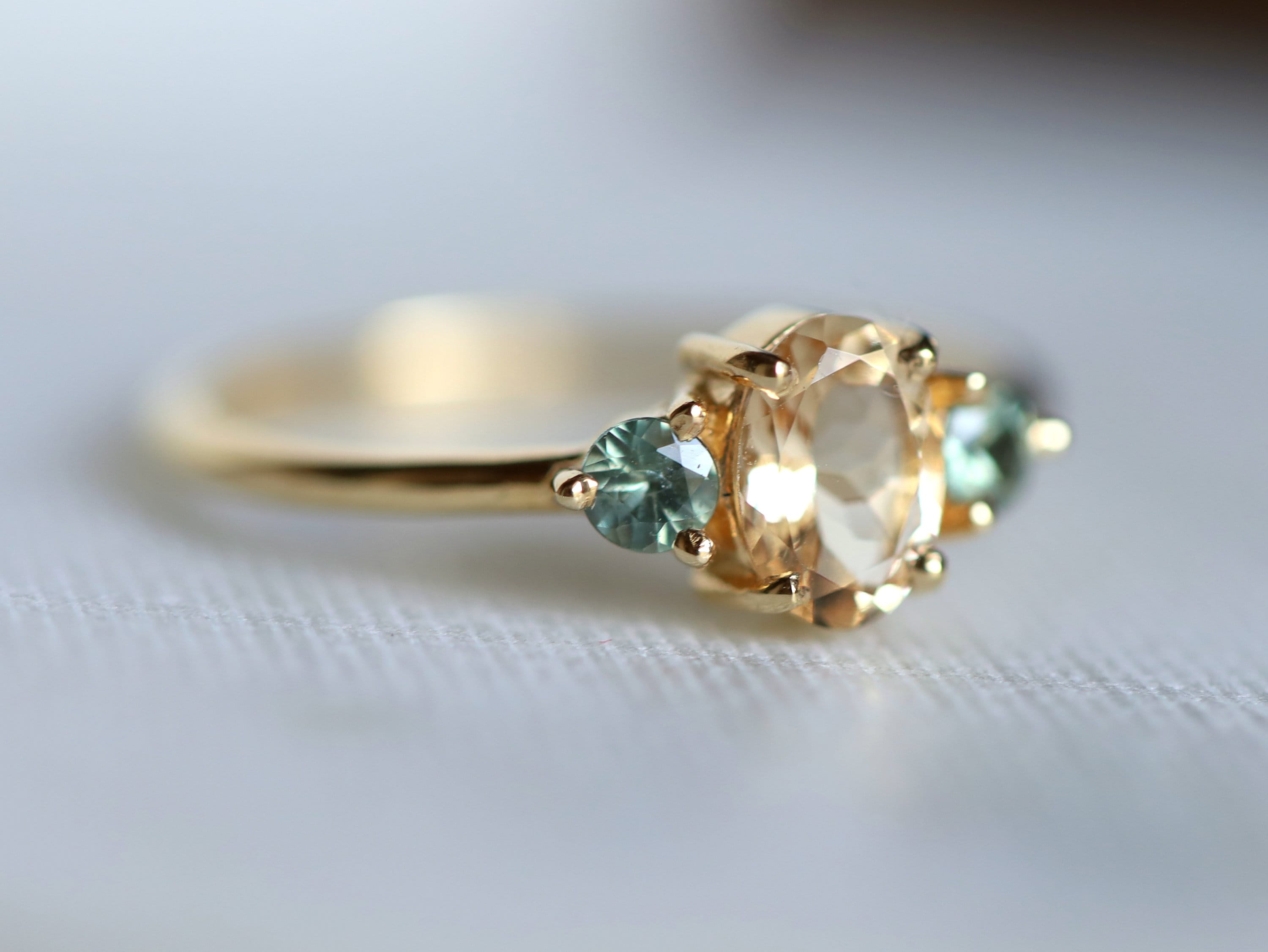Vintage Morganite Engagement Ring | Oval Cut Morganite, Green Sapphire Accent, March Birthstone -