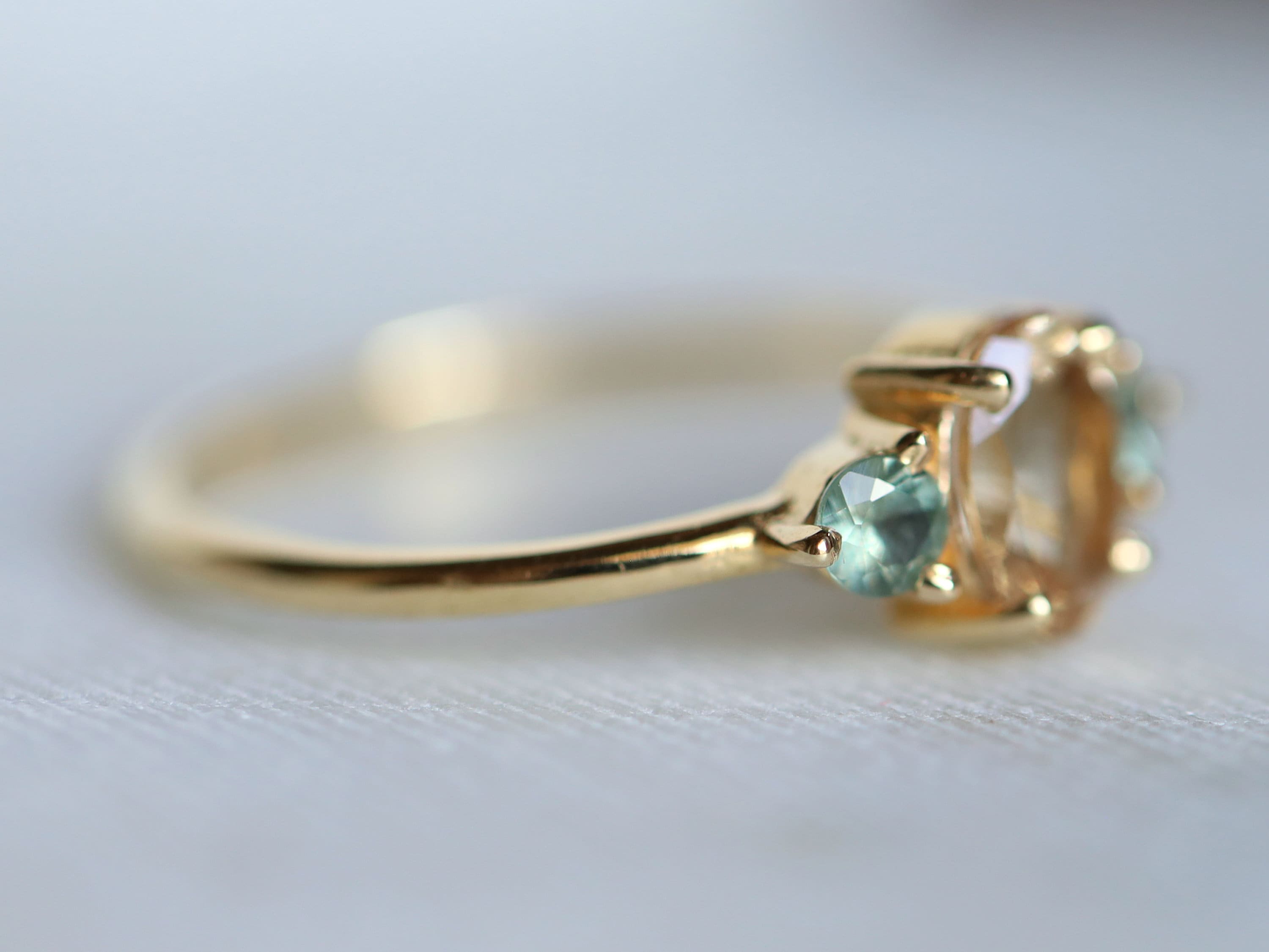 Vintage Morganite Engagement Ring | Oval Cut Morganite, Green Sapphire Accent, March Birthstone -