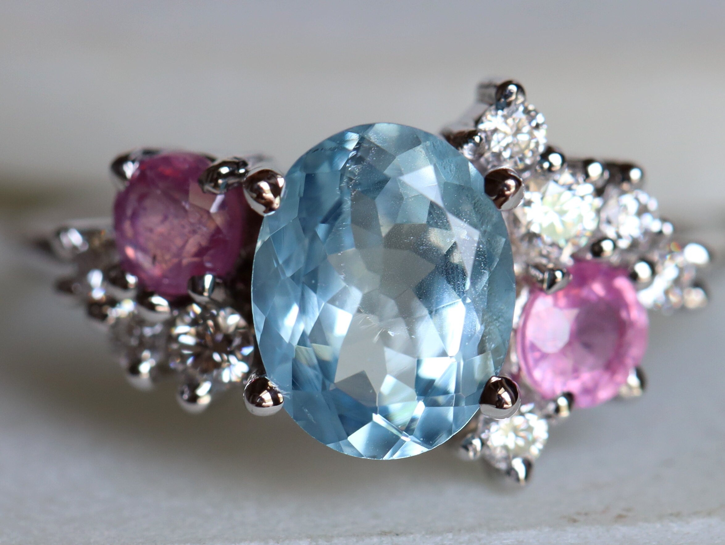 Aquamarine, Diamond, and Sapphire Cluster Engagement Ring | Unique Sapphire Cluster Ring -