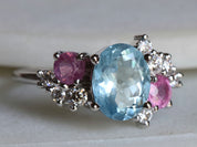 Aquamarine, Diamond, and Sapphire Cluster Engagement Ring | Unique Sapphire Cluster Ring -