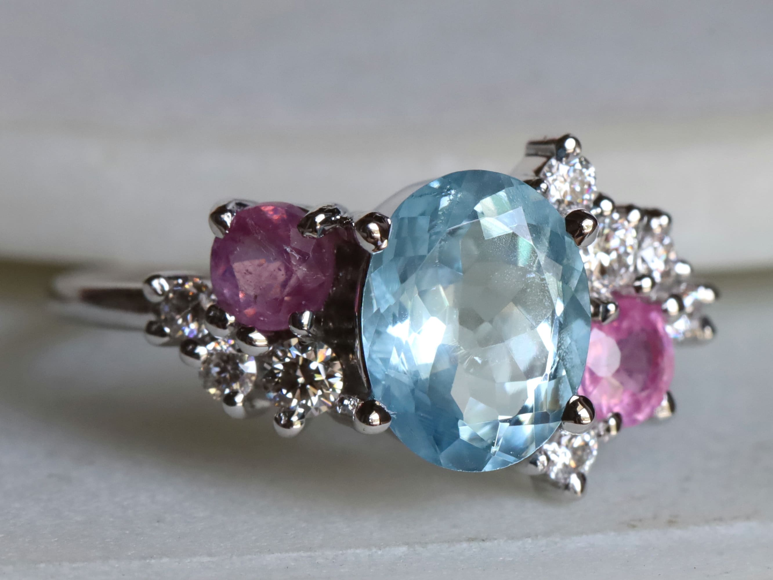 Aquamarine, Diamond, and Sapphire Cluster Engagement Ring | Unique Sapphire Cluster Ring -