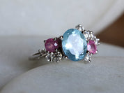 Aquamarine, Diamond, and Sapphire Cluster Engagement Ring | Unique Sapphire Cluster Ring -