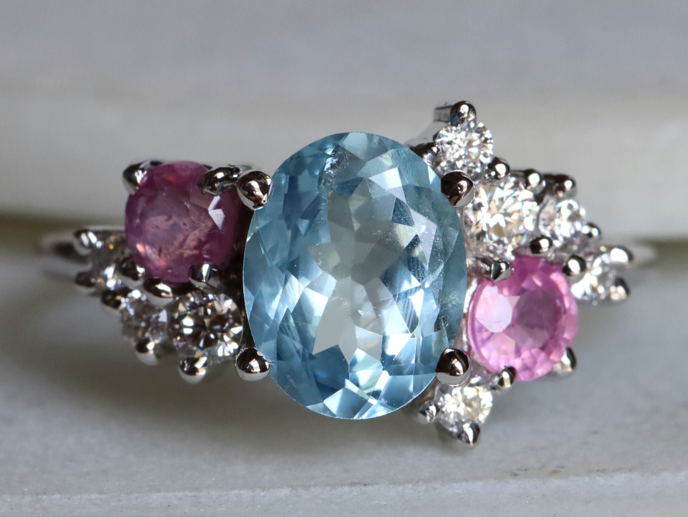 Aquamarine, Diamond, and Sapphire Cluster Engagement Ring | Unique Sapphire Cluster Ring -