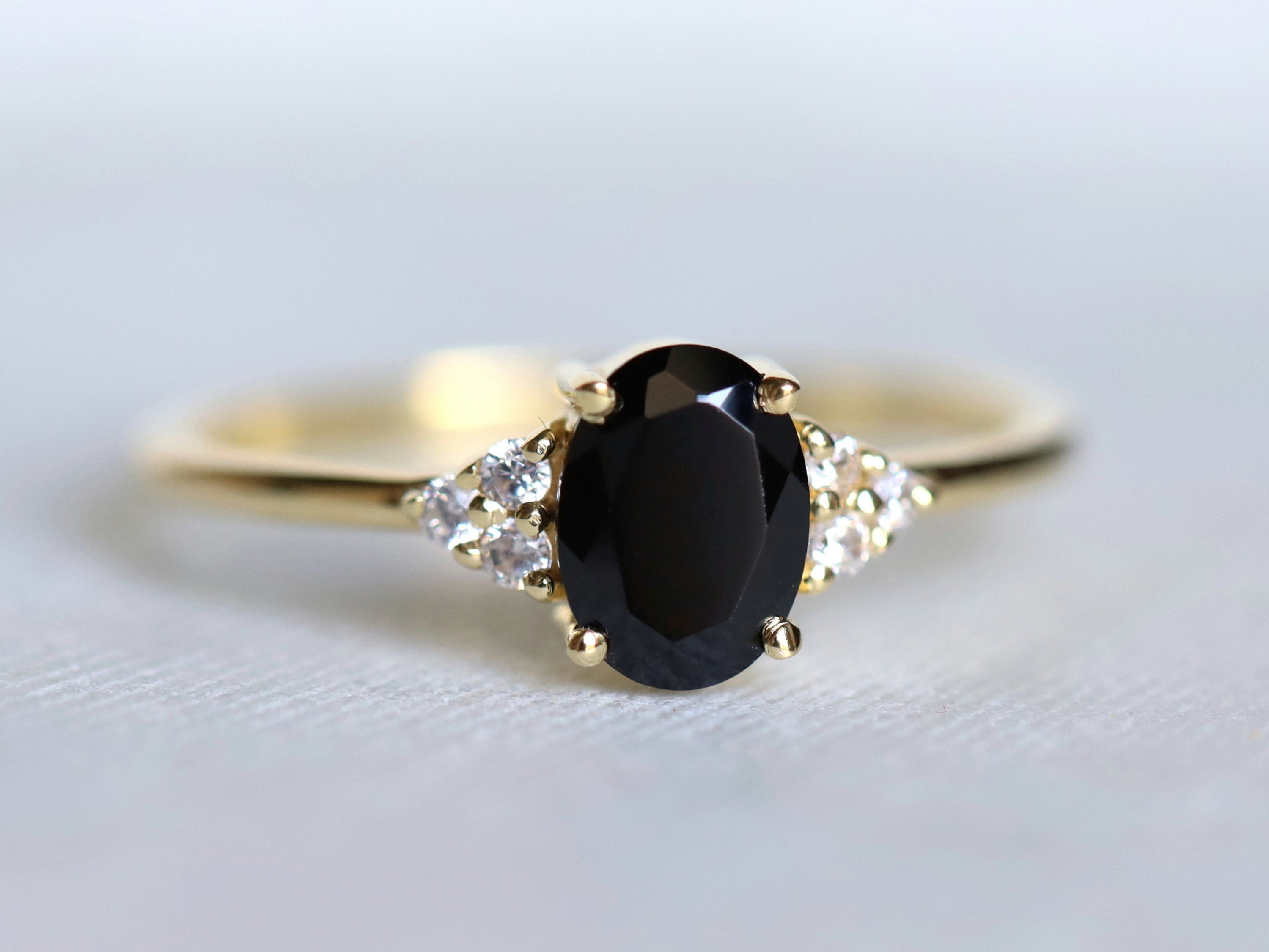 Black Diamond Engagement Ring | Gold 1 Carat Three Stone Ring | Diamond Ring -