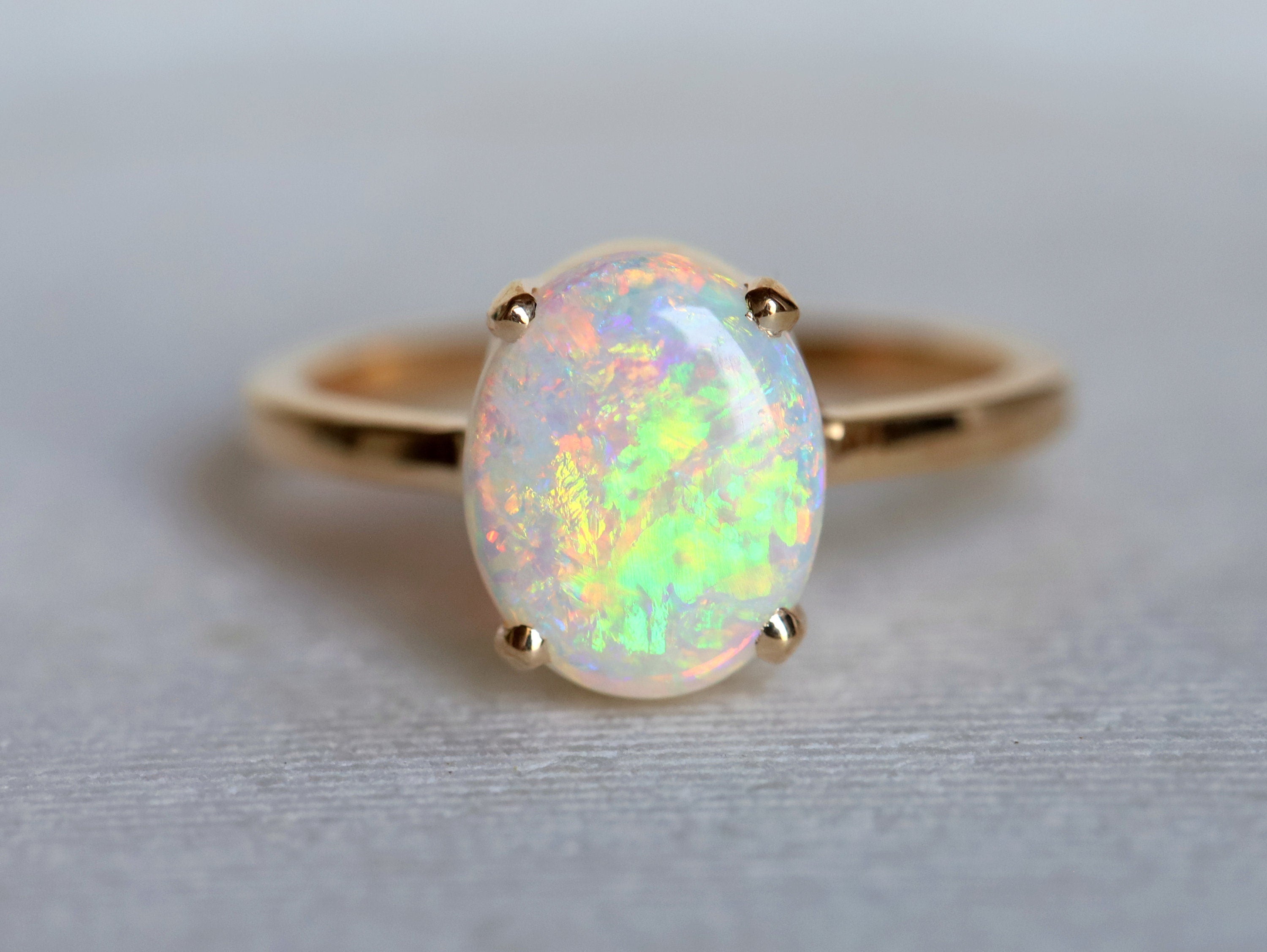 Solitaire Opal Engagement Ring | Opal and Diamond Ring | Australian Opal Oval Ring -