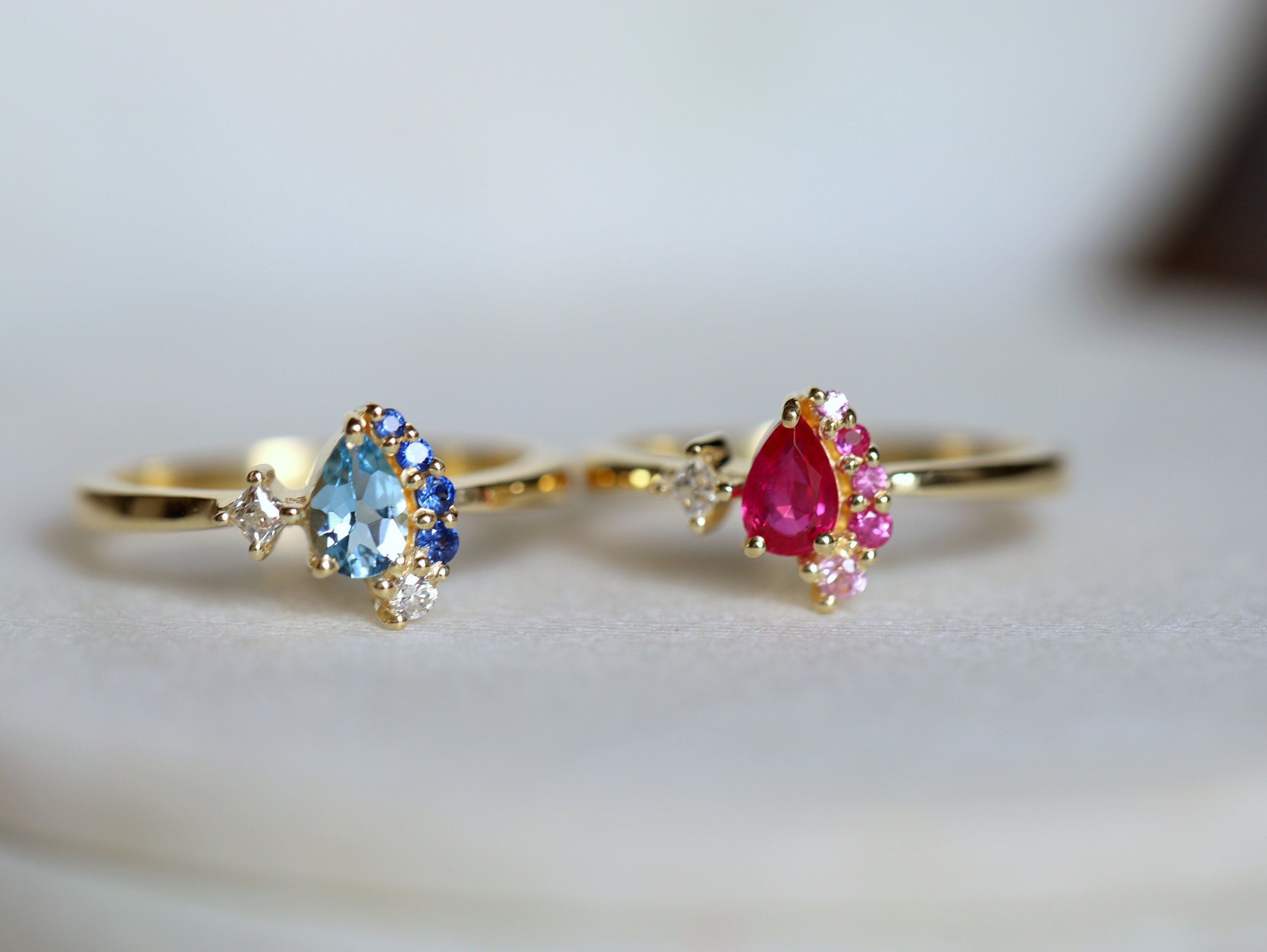 Ruby & Diamond Cluster Engagement Ring | Pear & Round Cut Ruby Ring | July Birthstone -