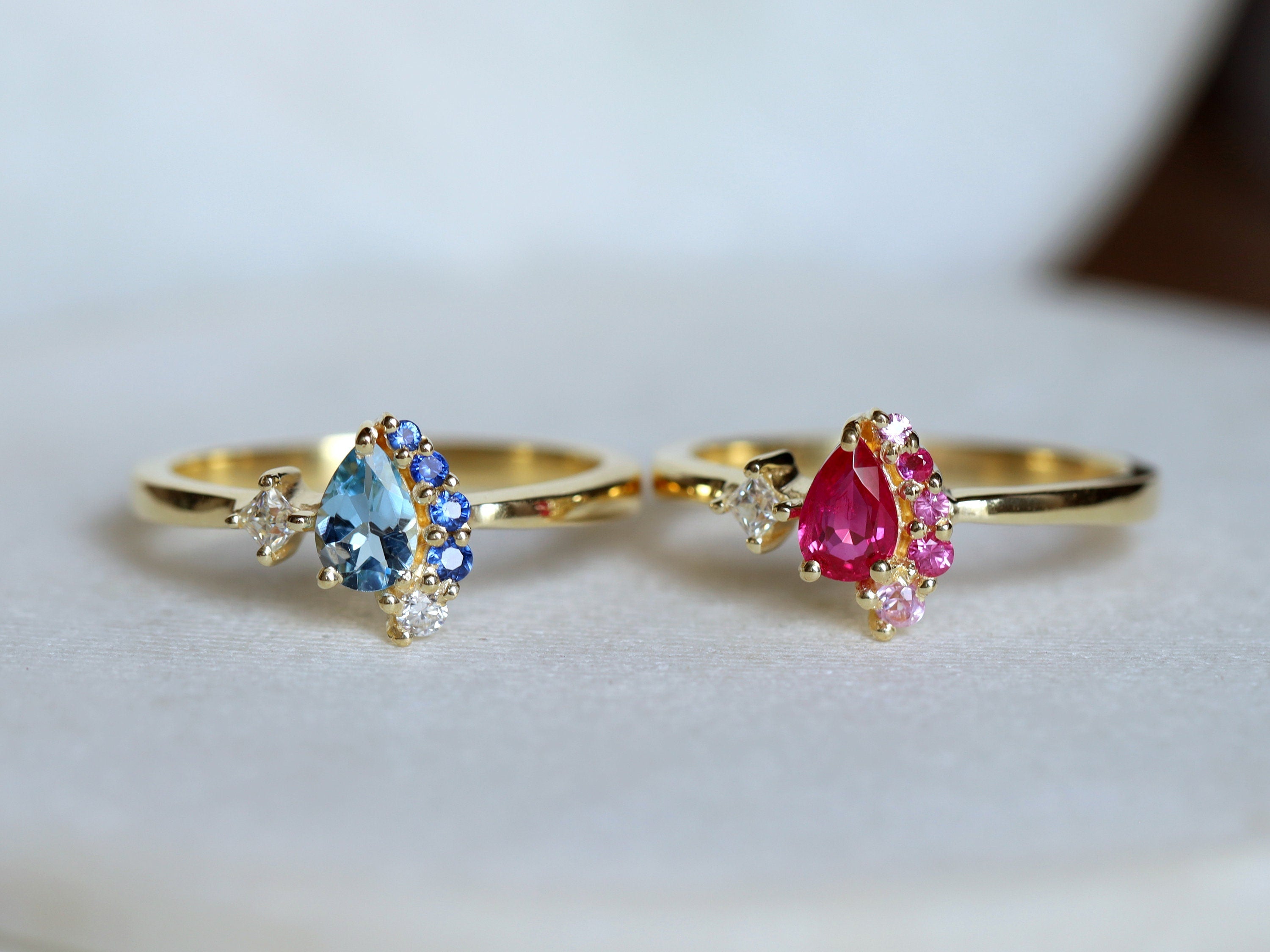 Ruby & Diamond Cluster Engagement Ring | Pear & Round Cut Ruby Ring | July Birthstone -