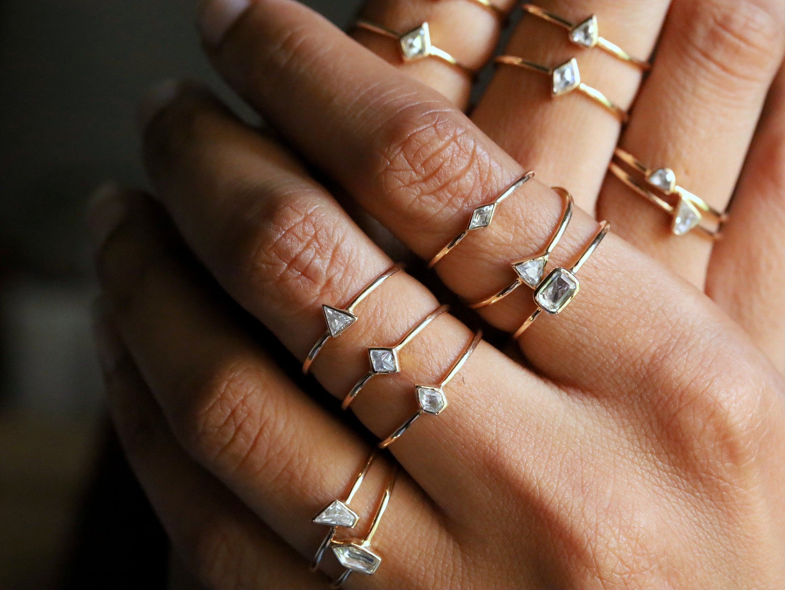 Diamond Triangle Shield Stacking Ring | Gold Diamond Ring | Geometric Diamond Band -
