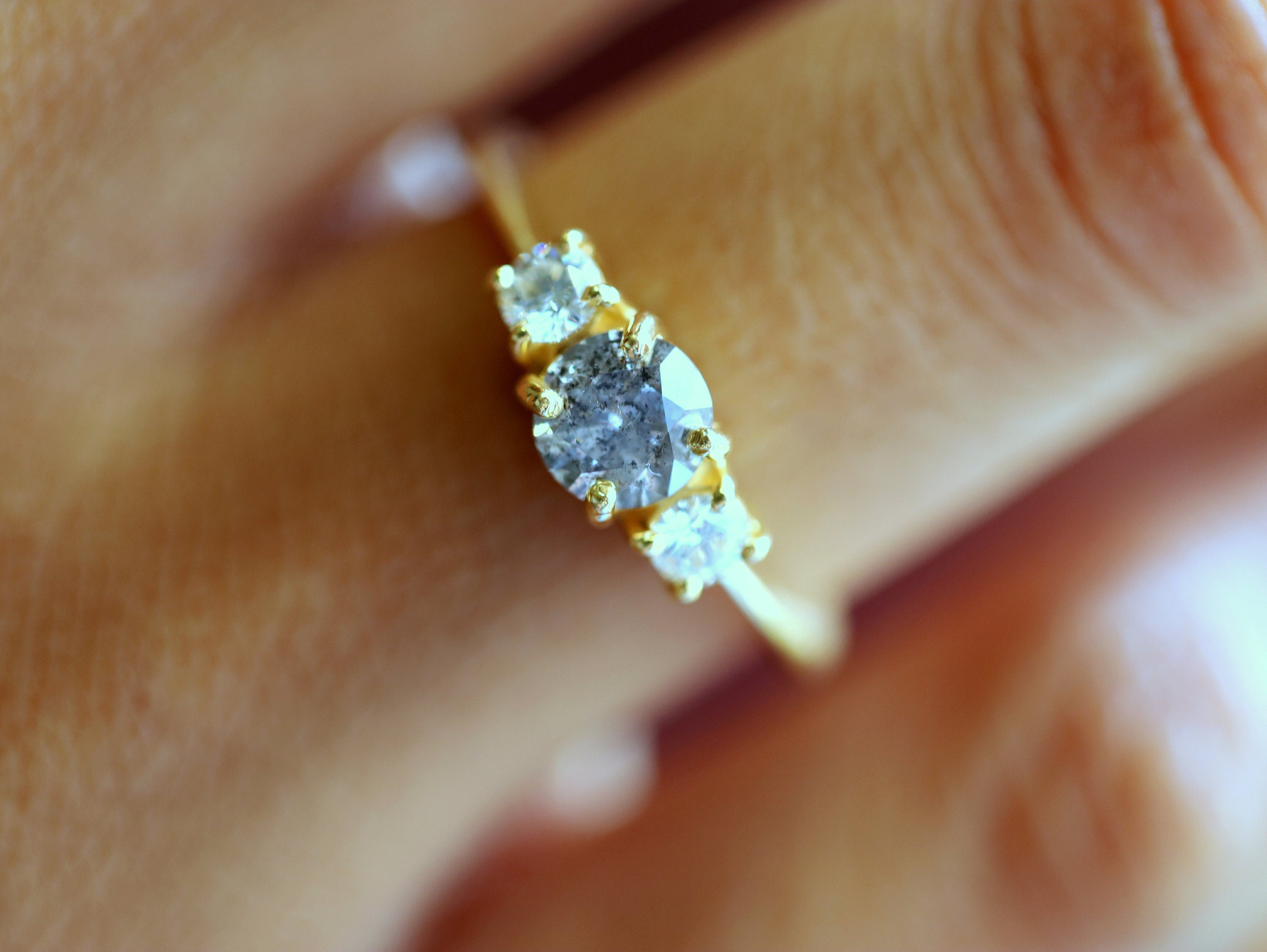 Salt and Pepper Diamond Engagement Ring | Three Stone Gray Diamond Ring -