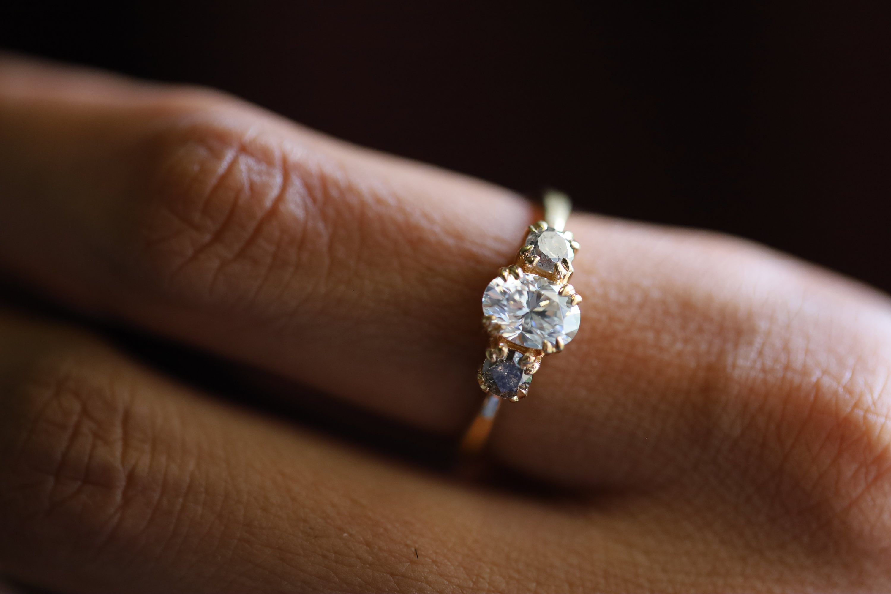 GIA Certified Oval Cut Diamond Engagement Ring | Gray Salt and Pepper Diamond Three Stone Ring -
