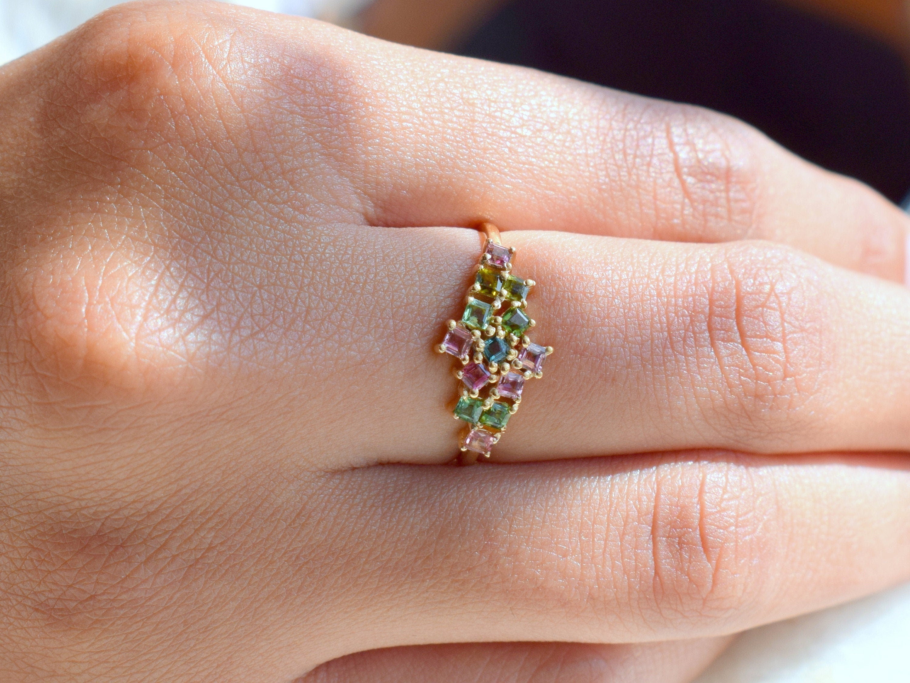 Multi-Color Tourmaline Cluster Ring | Pink & Green Tourmaline Engagement Ring | October Birthstone -