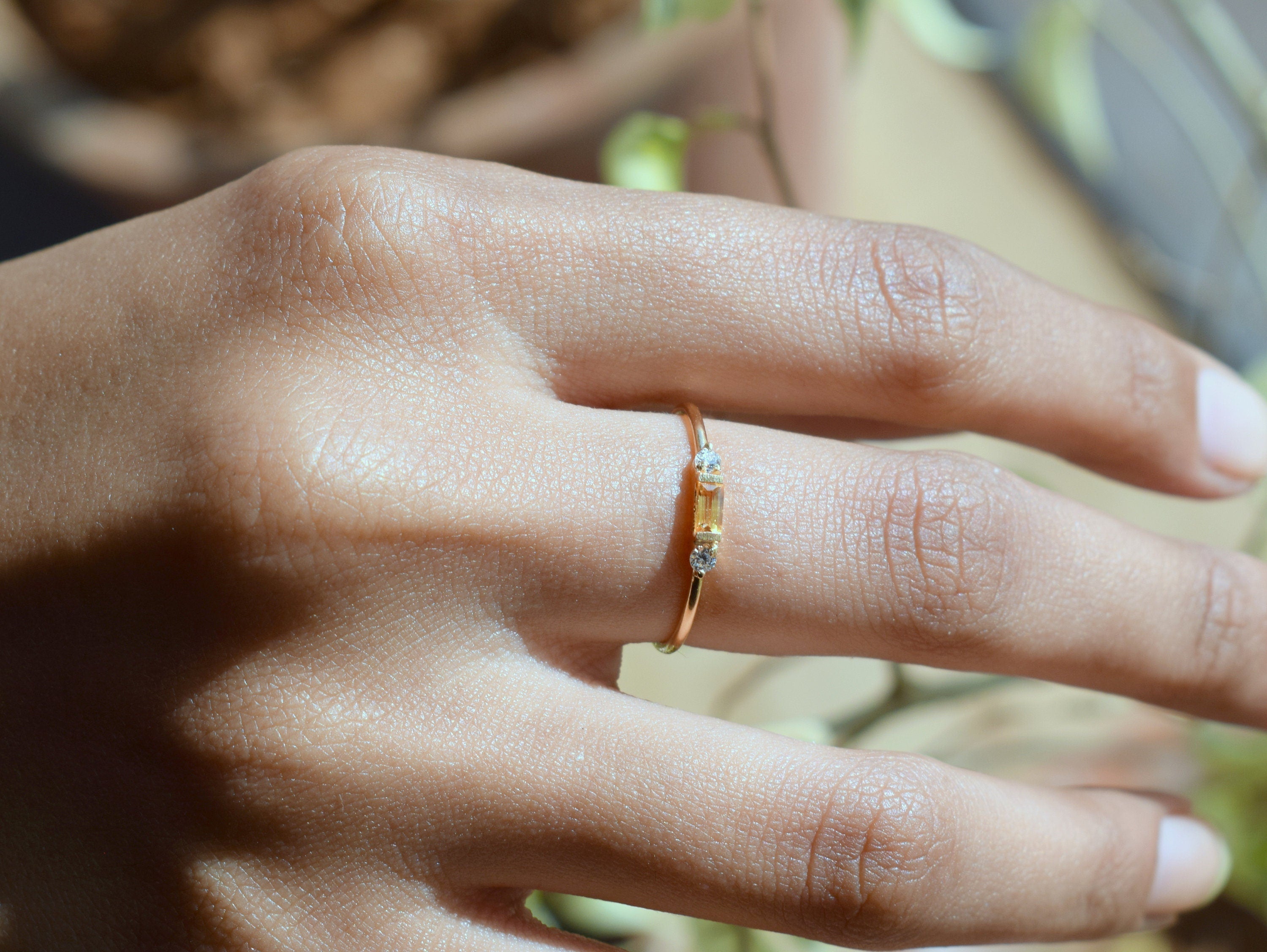 Yellow Sapphire Stacking Ring | Sapphire Baguette Gold Diamond Ring | Dainty Ring -