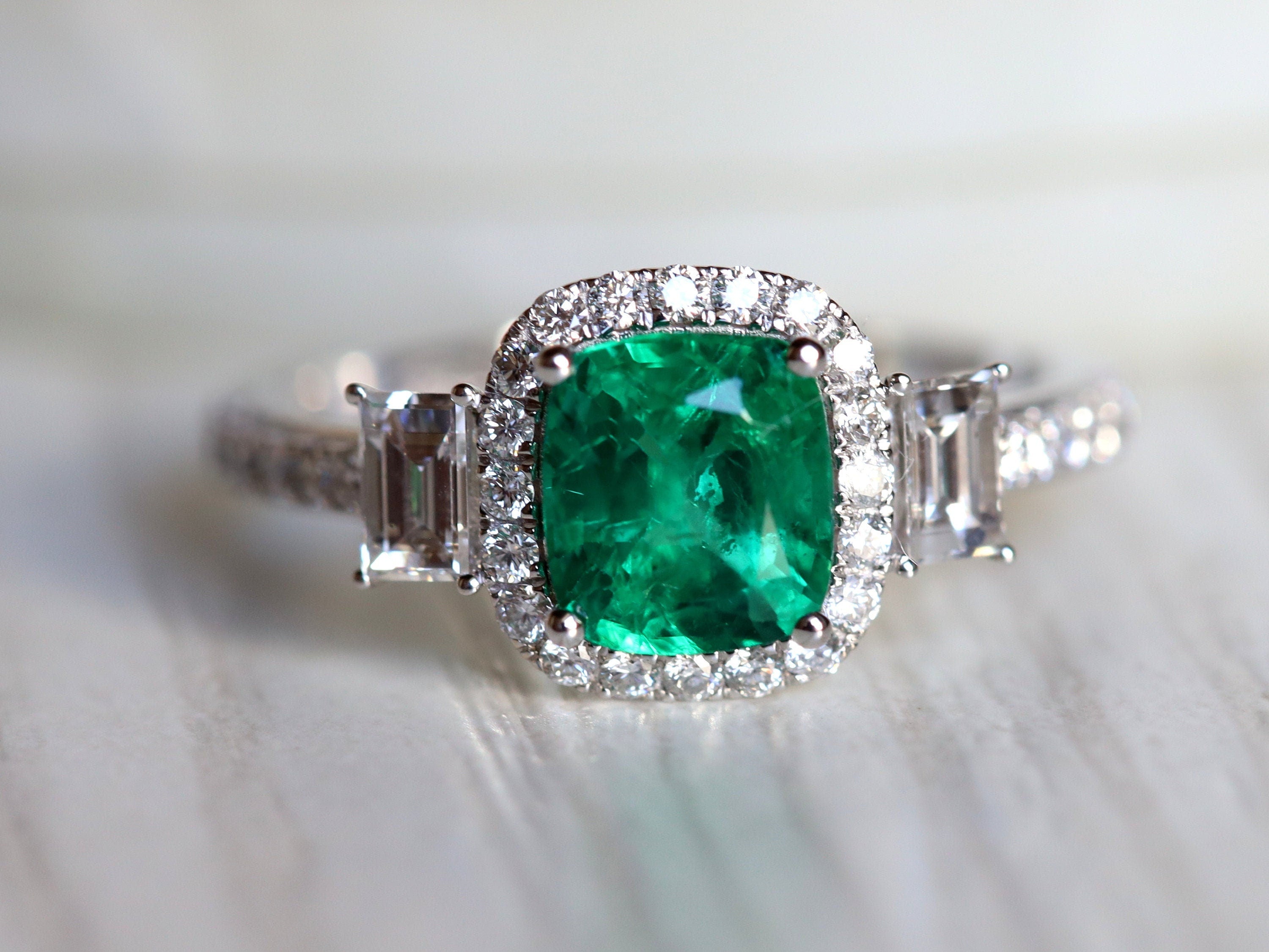 GIA Diamond and Emerald Cluster Ring | F-G VS 0.5 Carat Engagement and Wedding Ring -