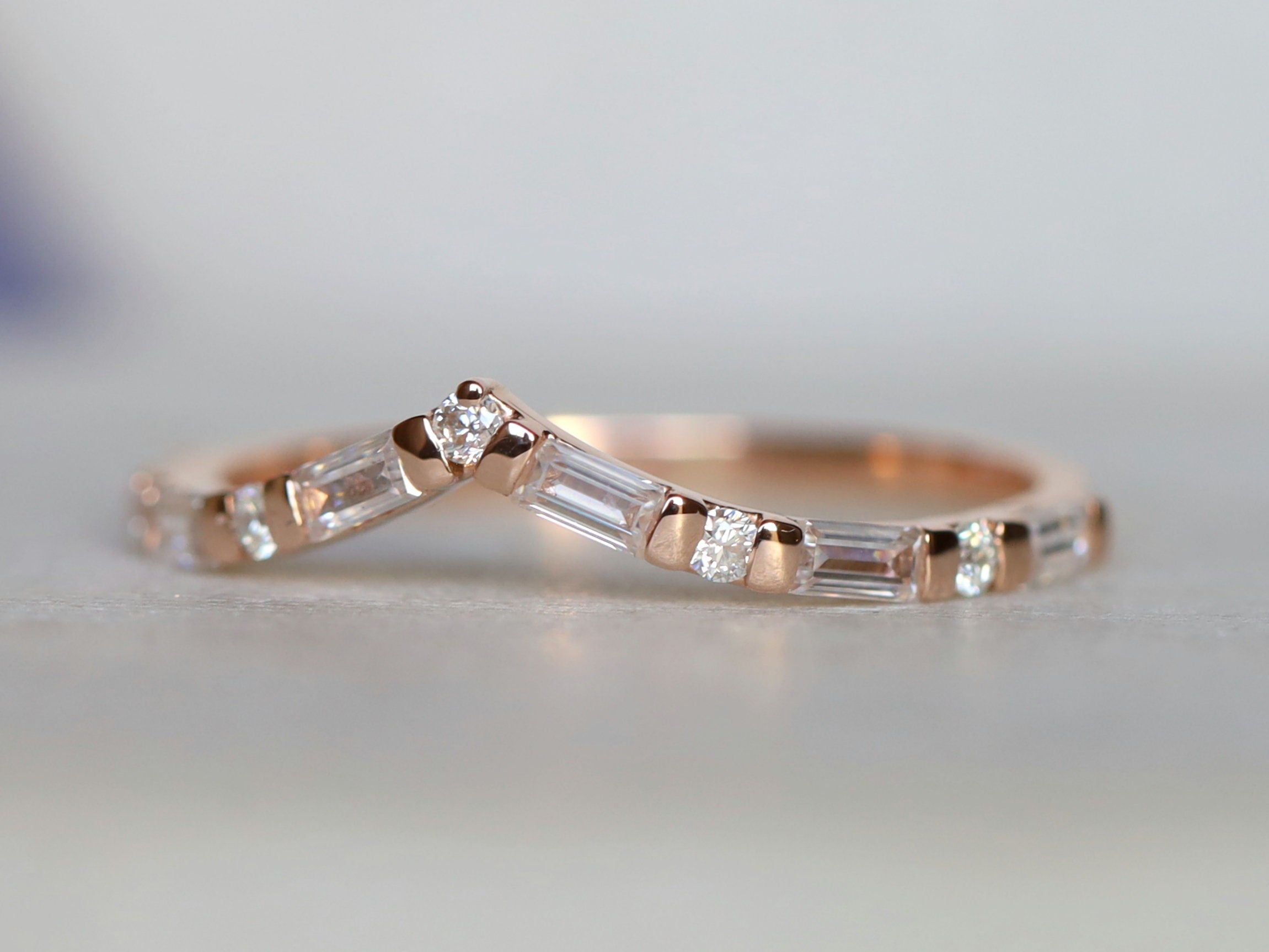 Chevron Diamond Wedding Ring | Curved Diamond Wedding Band | Stackable Wedding Ring -