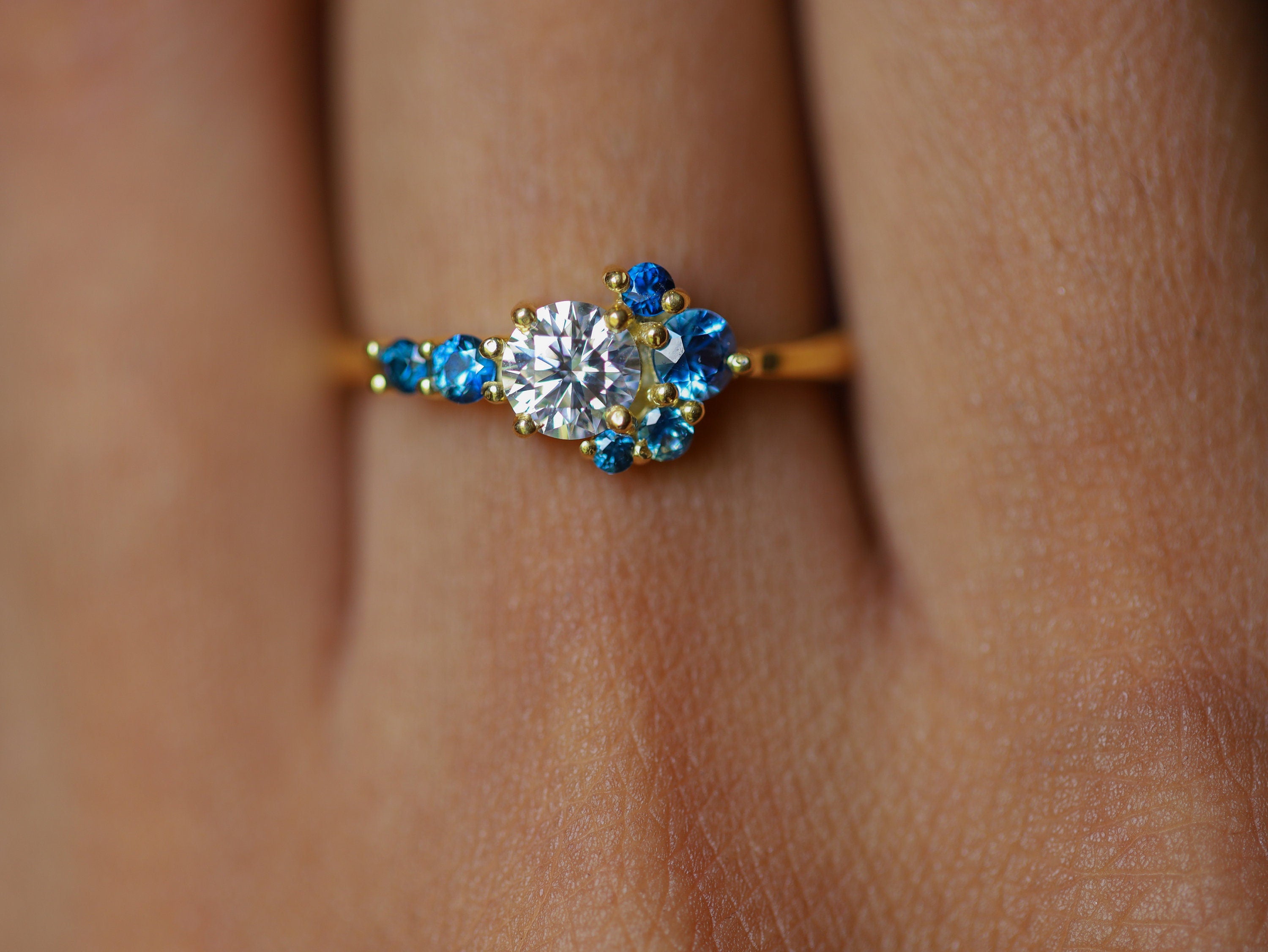 GIA Diamond & Blue Sapphire Cluster Ring | Certified Diamond and Sapphire Ring | Anniversary Gift -