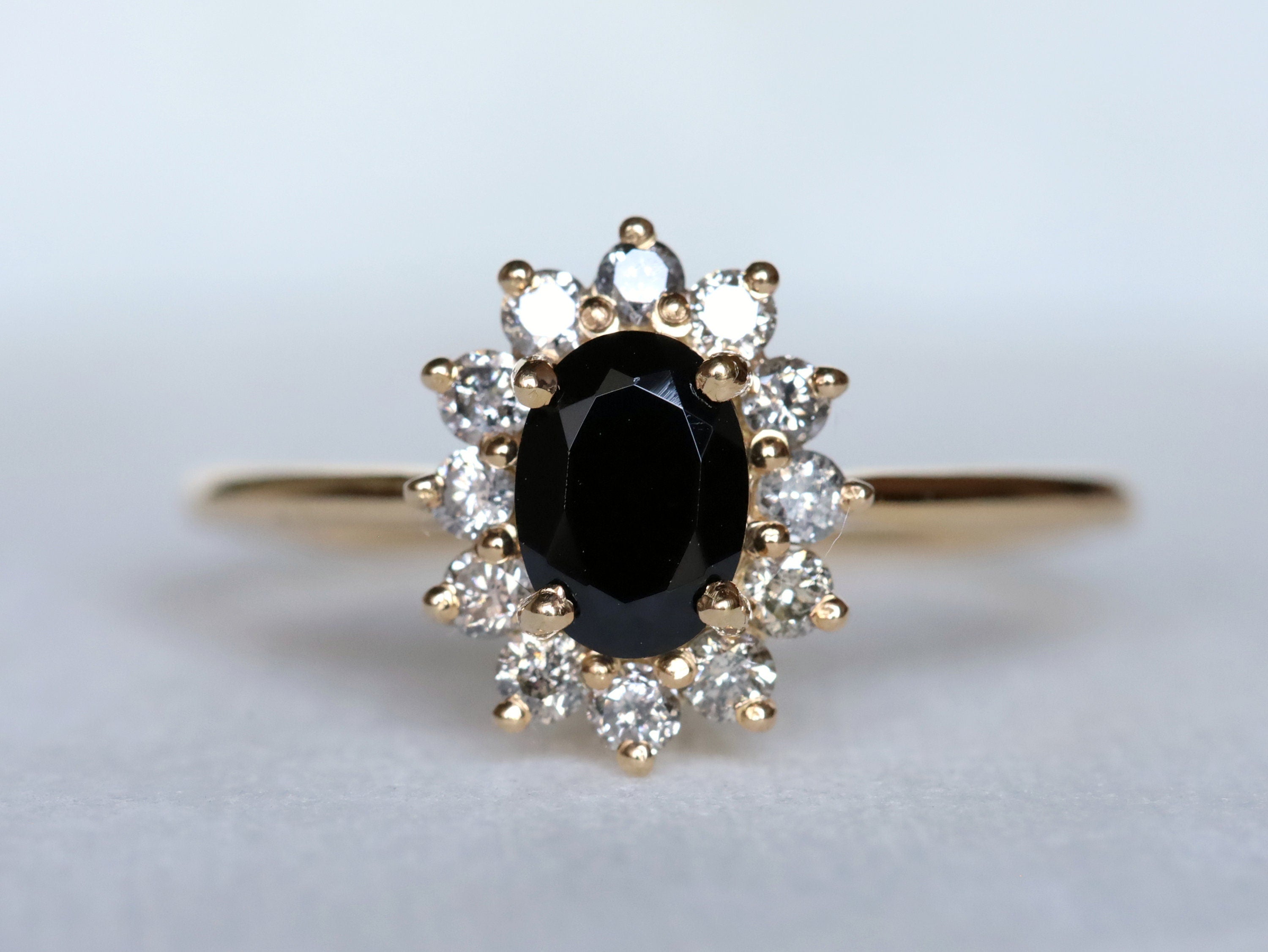 Black Diamond Ring | Gold Black Diamond | Halo Diamond Engagement Ring -