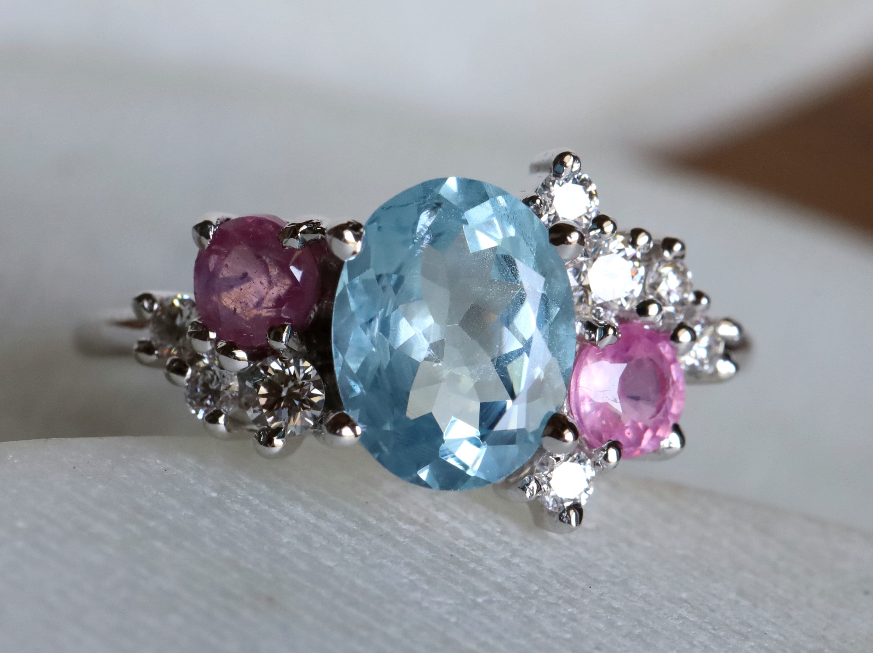 Aquamarine, Diamond, and Sapphire Cluster Engagement Ring | Unique Sapphire Cluster Ring -