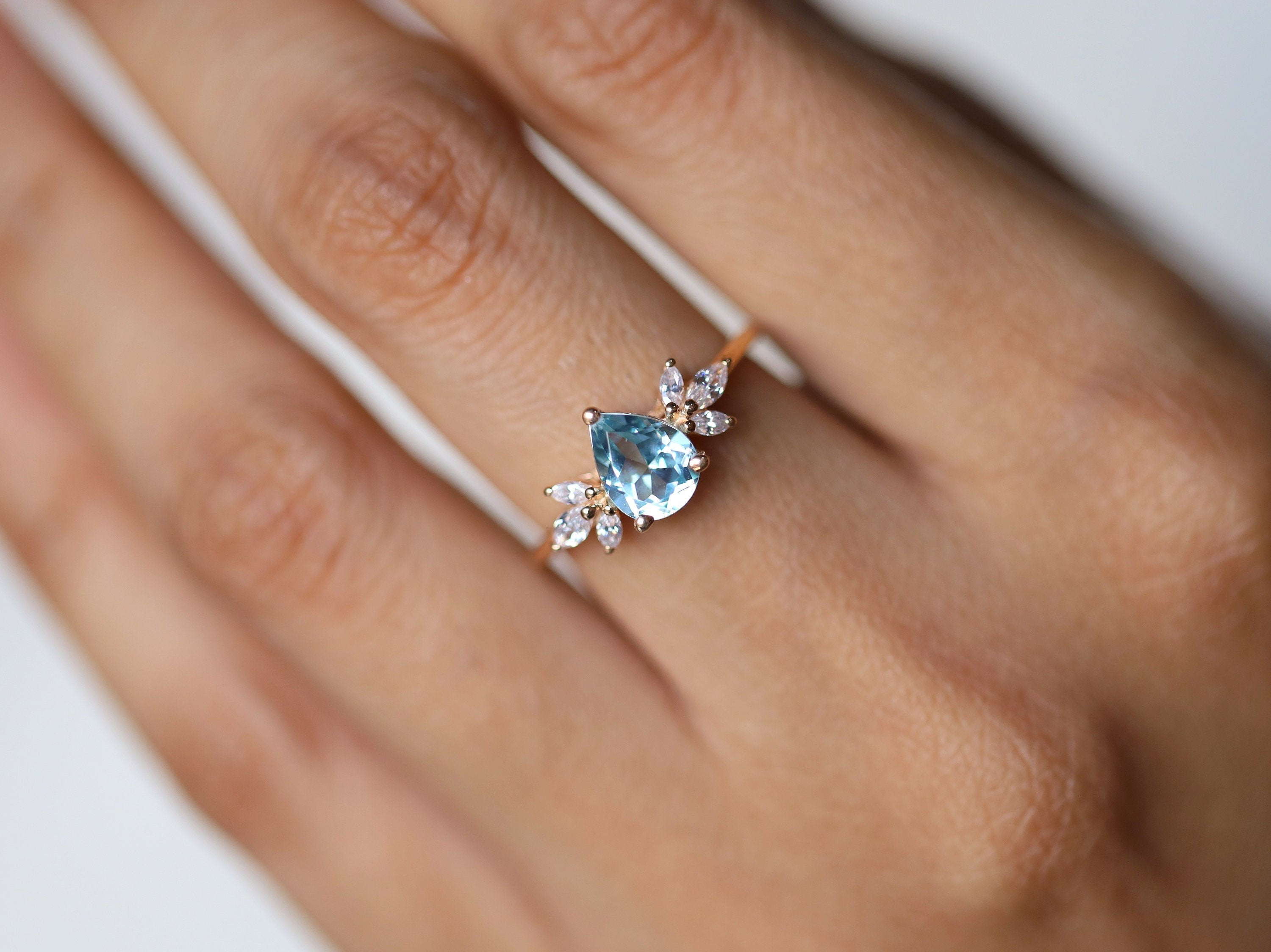 Aquamarine & Diamond Engagement Ring | Pear Cut Engagement Ring | March Birthstone -