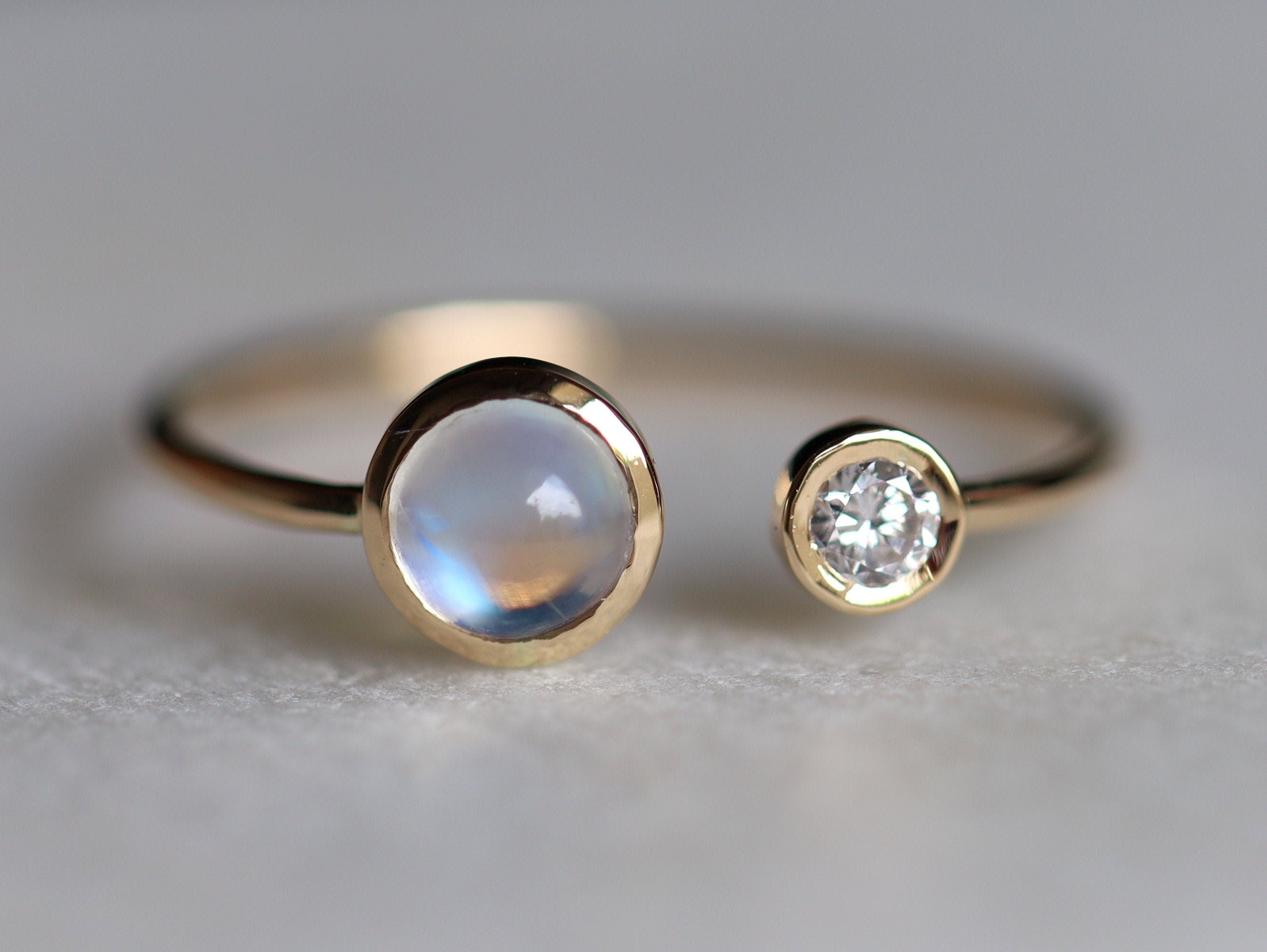 Moonstone & Diamond Adjustable Ring | Rainbow Moonstone Engagement Ring | June Birthstone -
