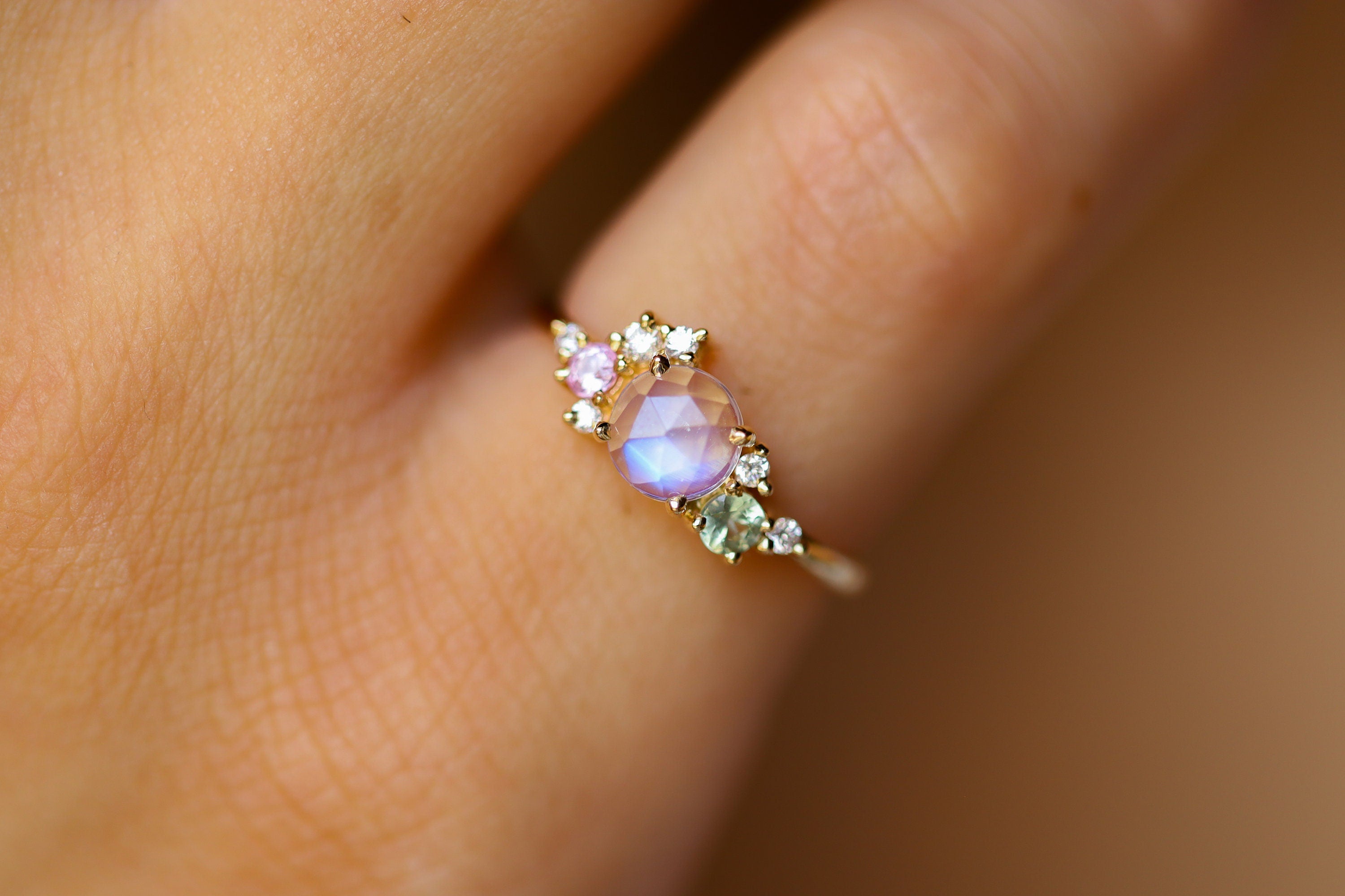 Moonstone and Diamond Cluster Ring | Rainbow Moonstone Engagement Ring | June Birthstone -