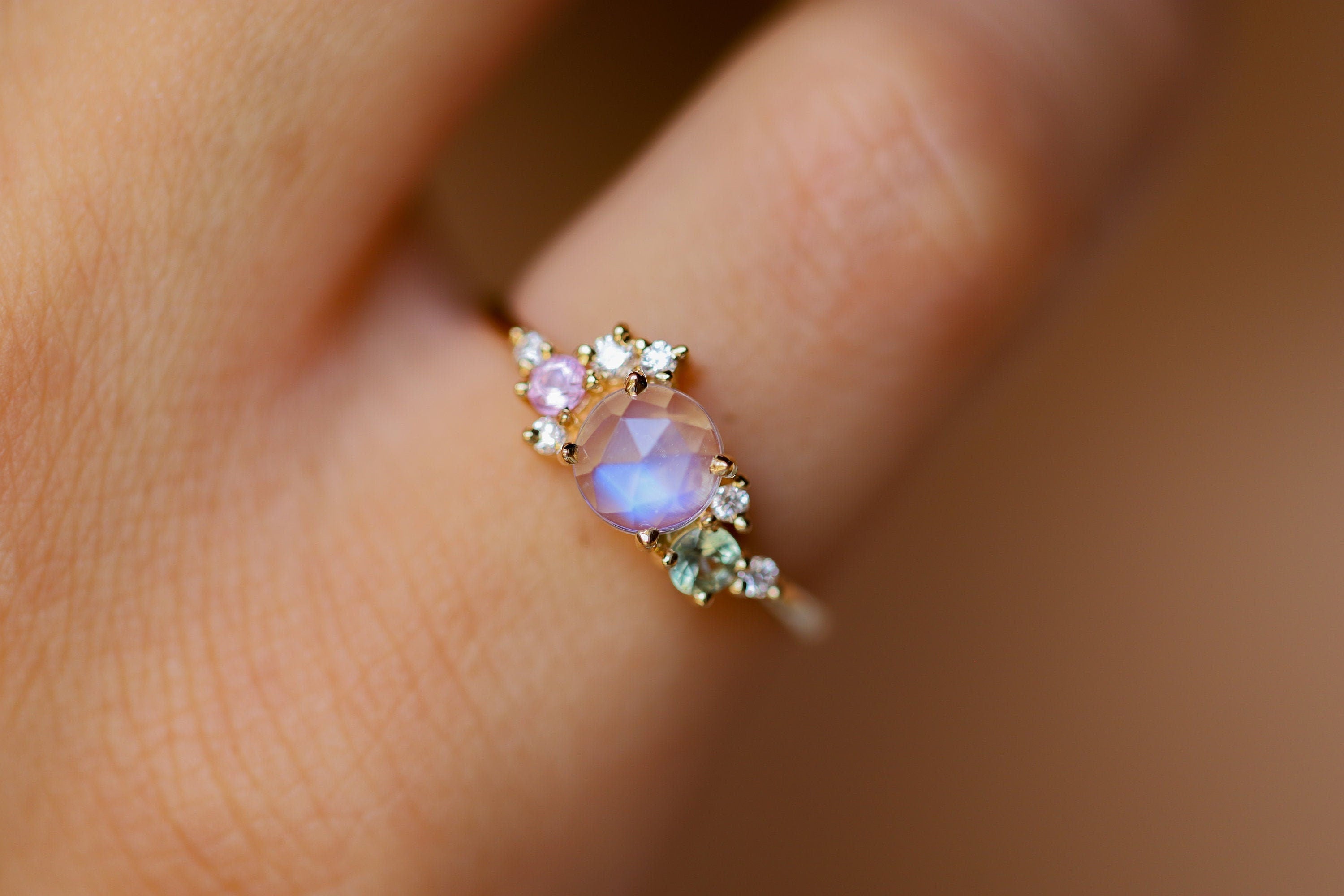 Moonstone and Diamond Cluster Ring | Rainbow Moonstone Engagement Ring | June Birthstone -