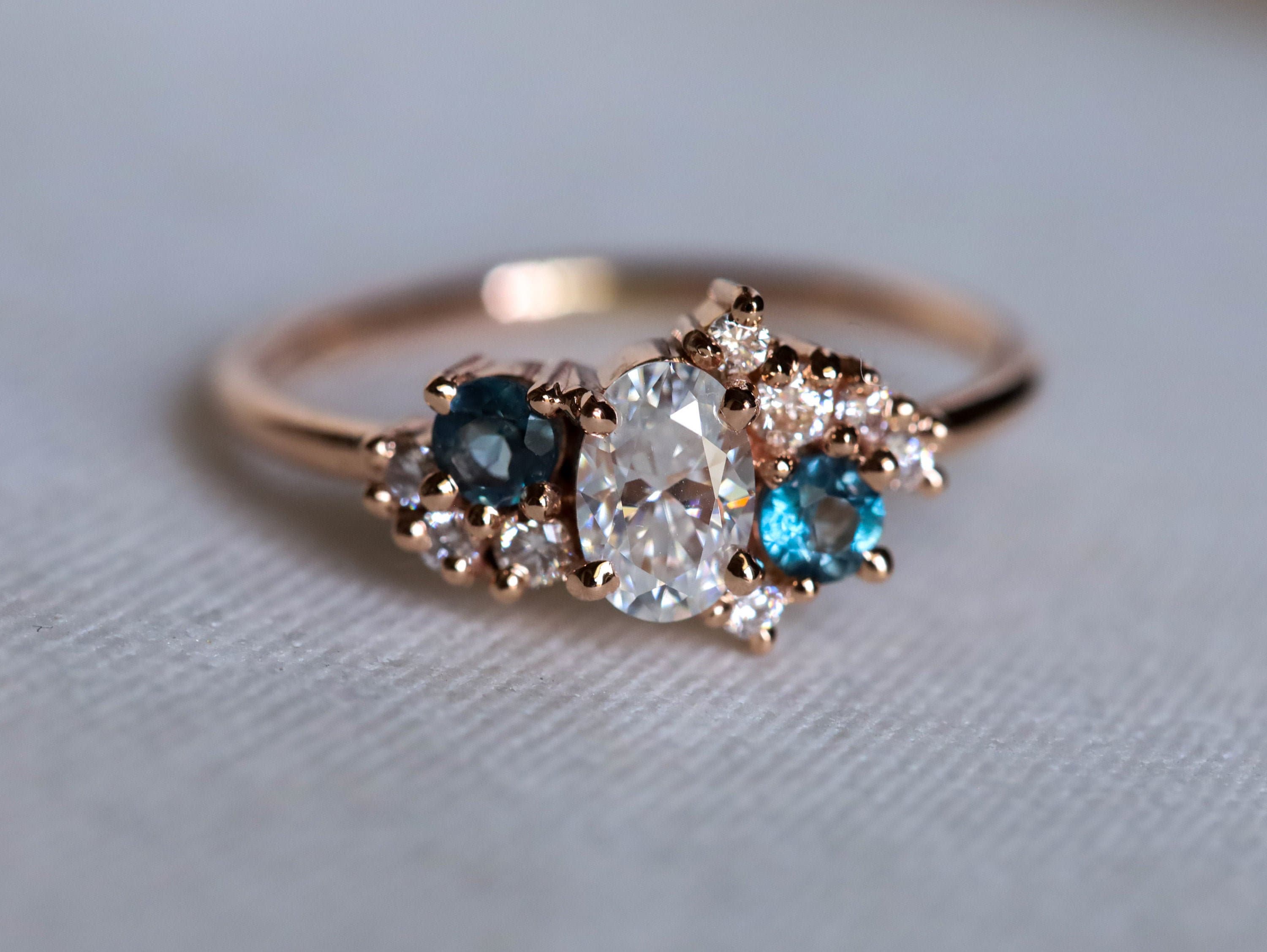 GIA Diamond Cluster Ring | Diamond Sapphire Engagement Ring | Anniversary Gift -