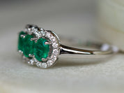 Art Deco Three-Stone Emerald Engagement Ring | Vintage Halo Emerald and Diamond Ring -