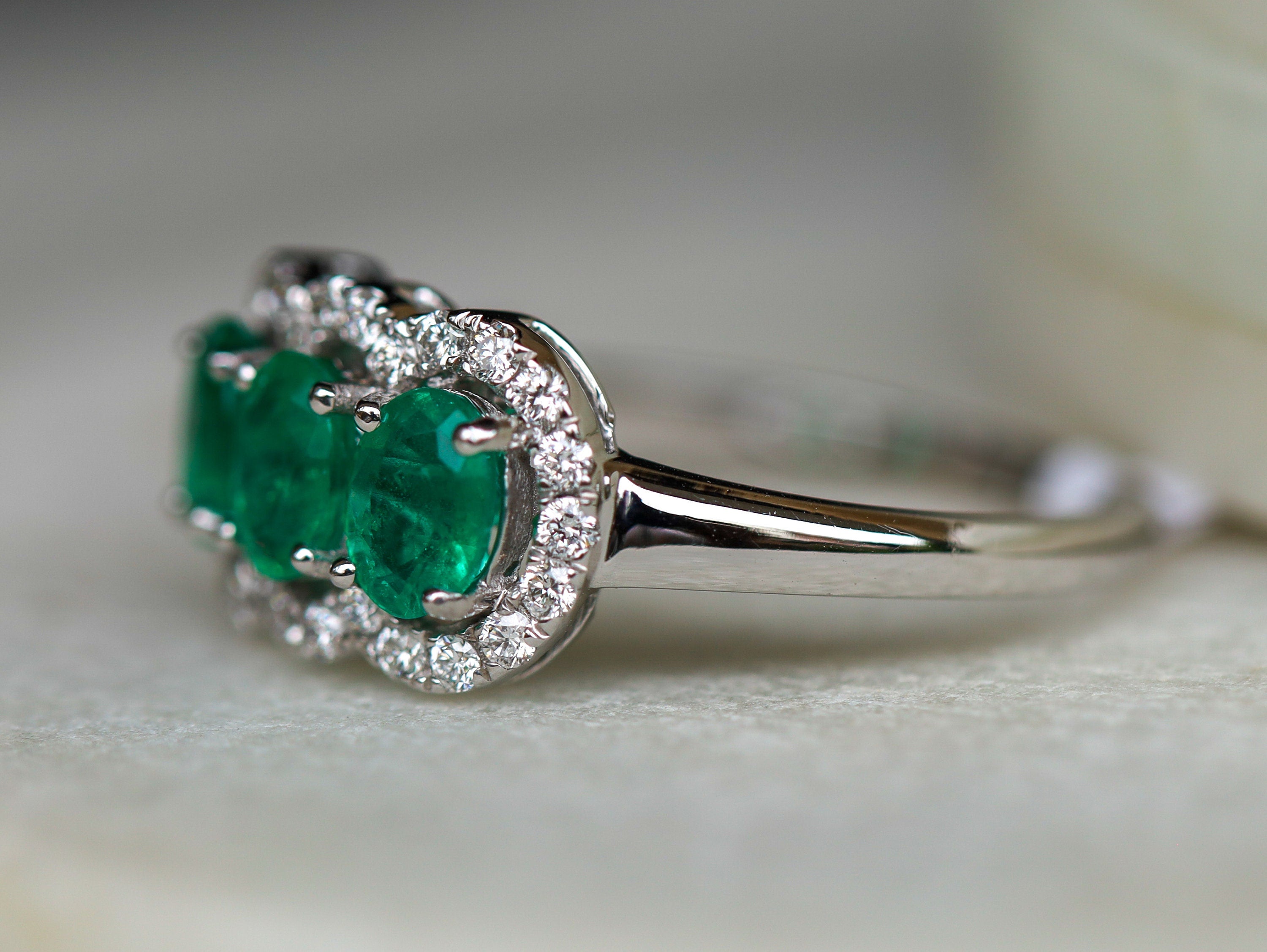 Art Deco Three-Stone Emerald Engagement Ring | Vintage Halo Emerald and Diamond Ring -
