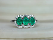 Art Deco Three-Stone Emerald Engagement Ring | Vintage Halo Emerald and Diamond Ring -