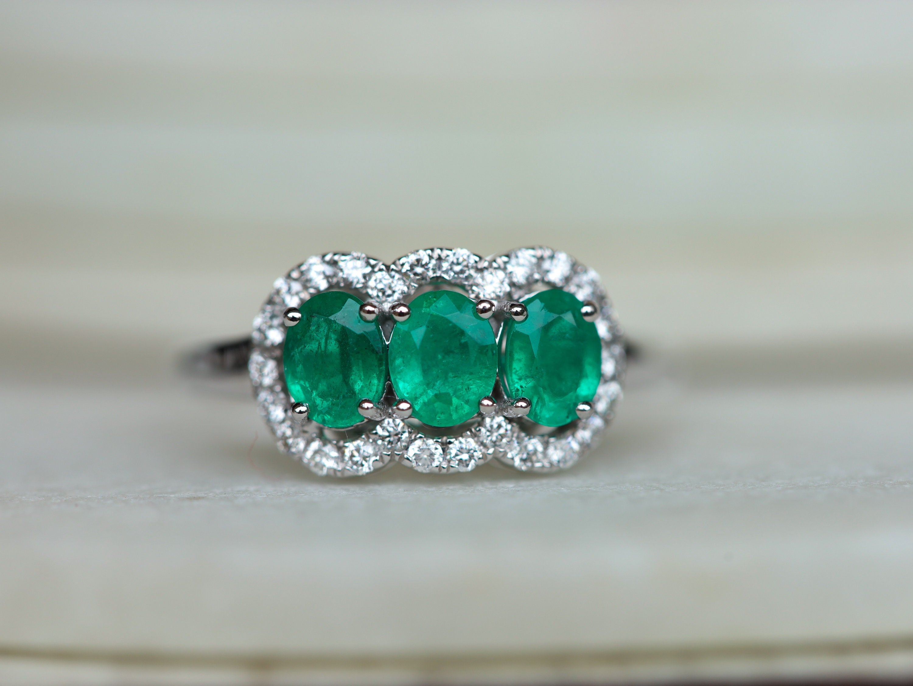 Art Deco Three-Stone Emerald Engagement Ring | Vintage Halo Emerald and Diamond Ring -