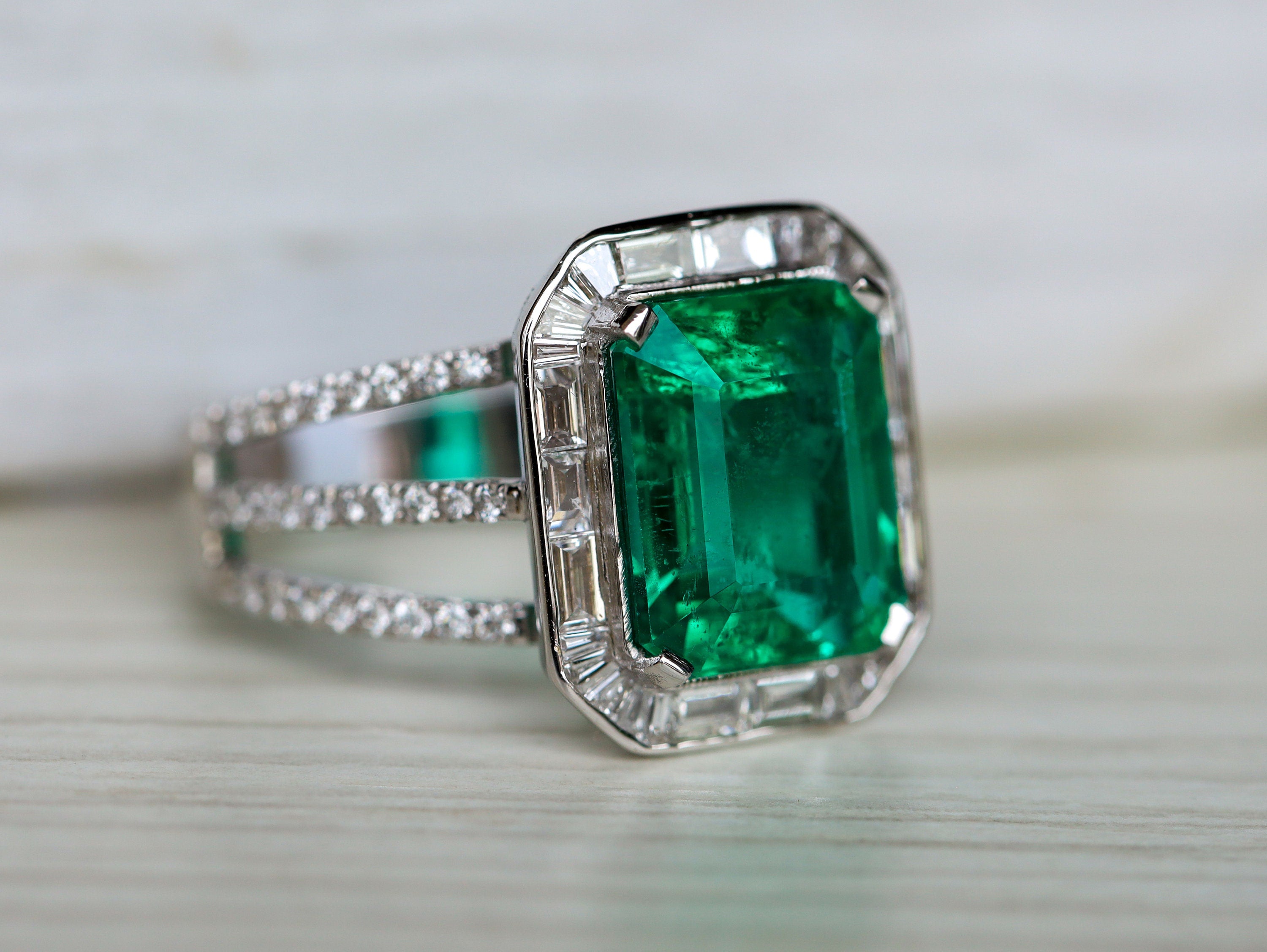 Antique Emerald Engagement Ring | 4ct Emerald & Diamond Baguette Halo Ring -