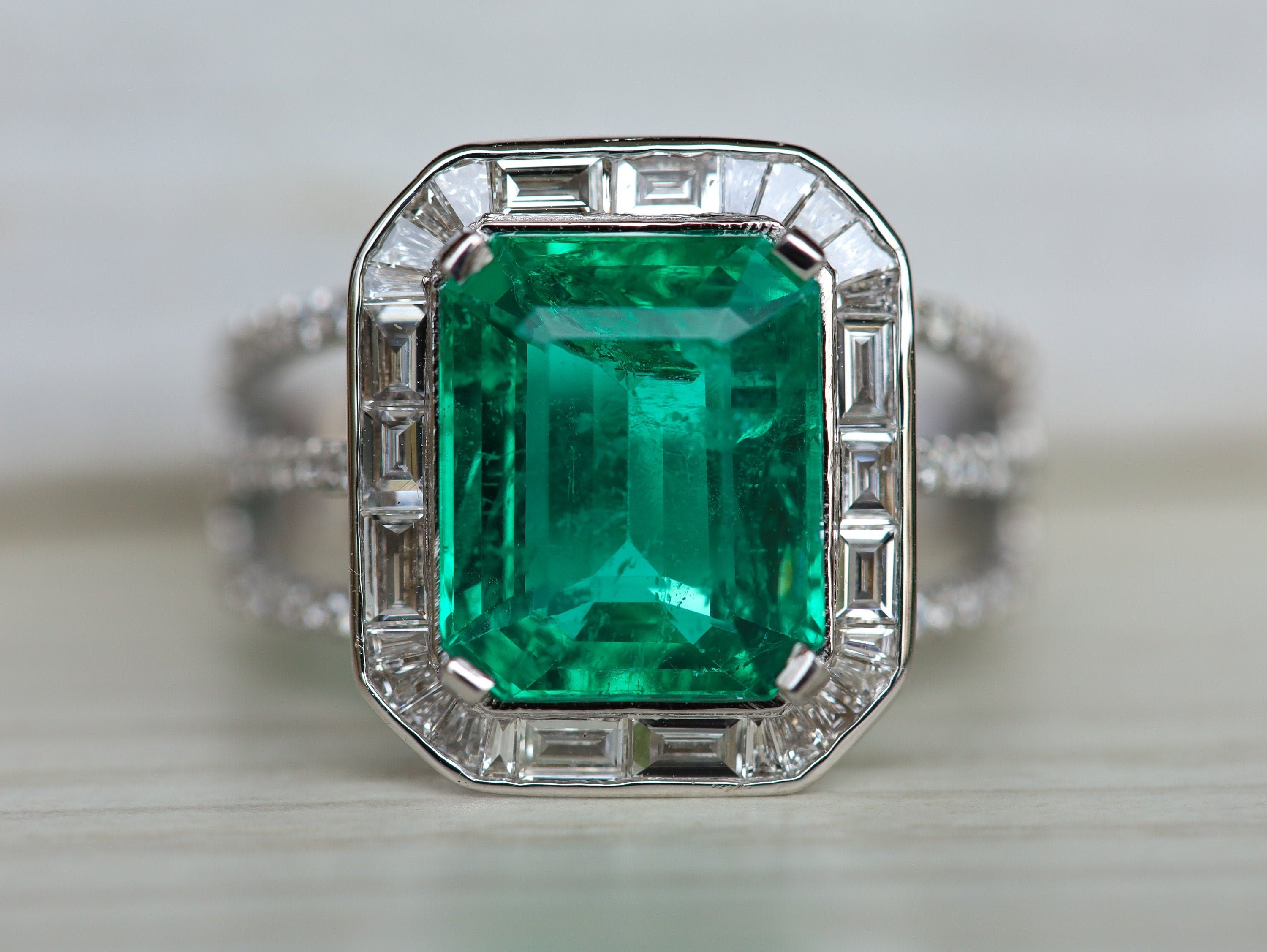 Antique Emerald Engagement Ring | 4ct Emerald & Diamond Baguette Halo Ring -
