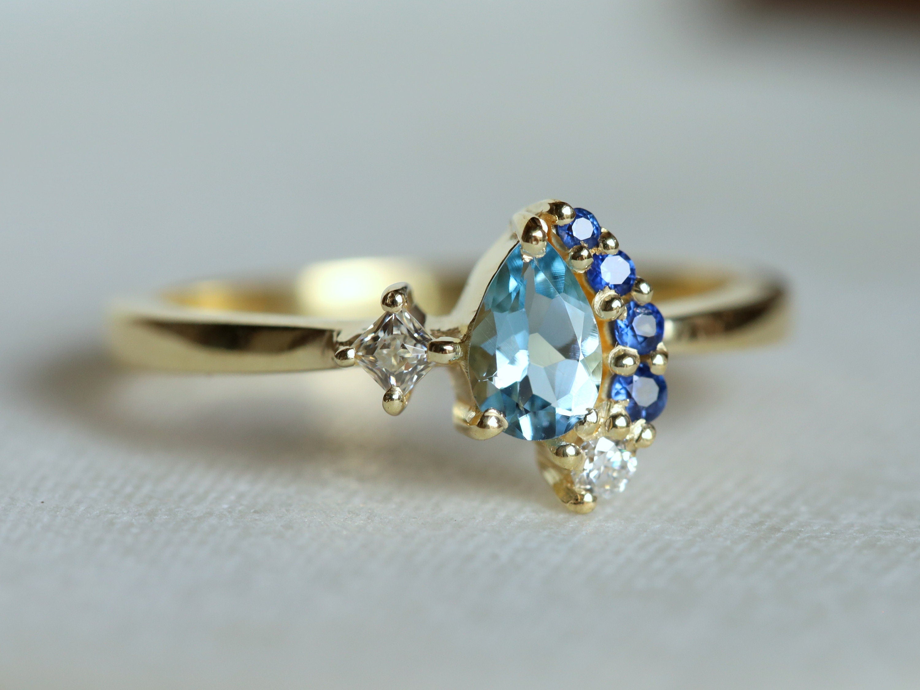 Aquamarine & Diamond Cluster Engagement Ring | Sapphire Cluster Ring -