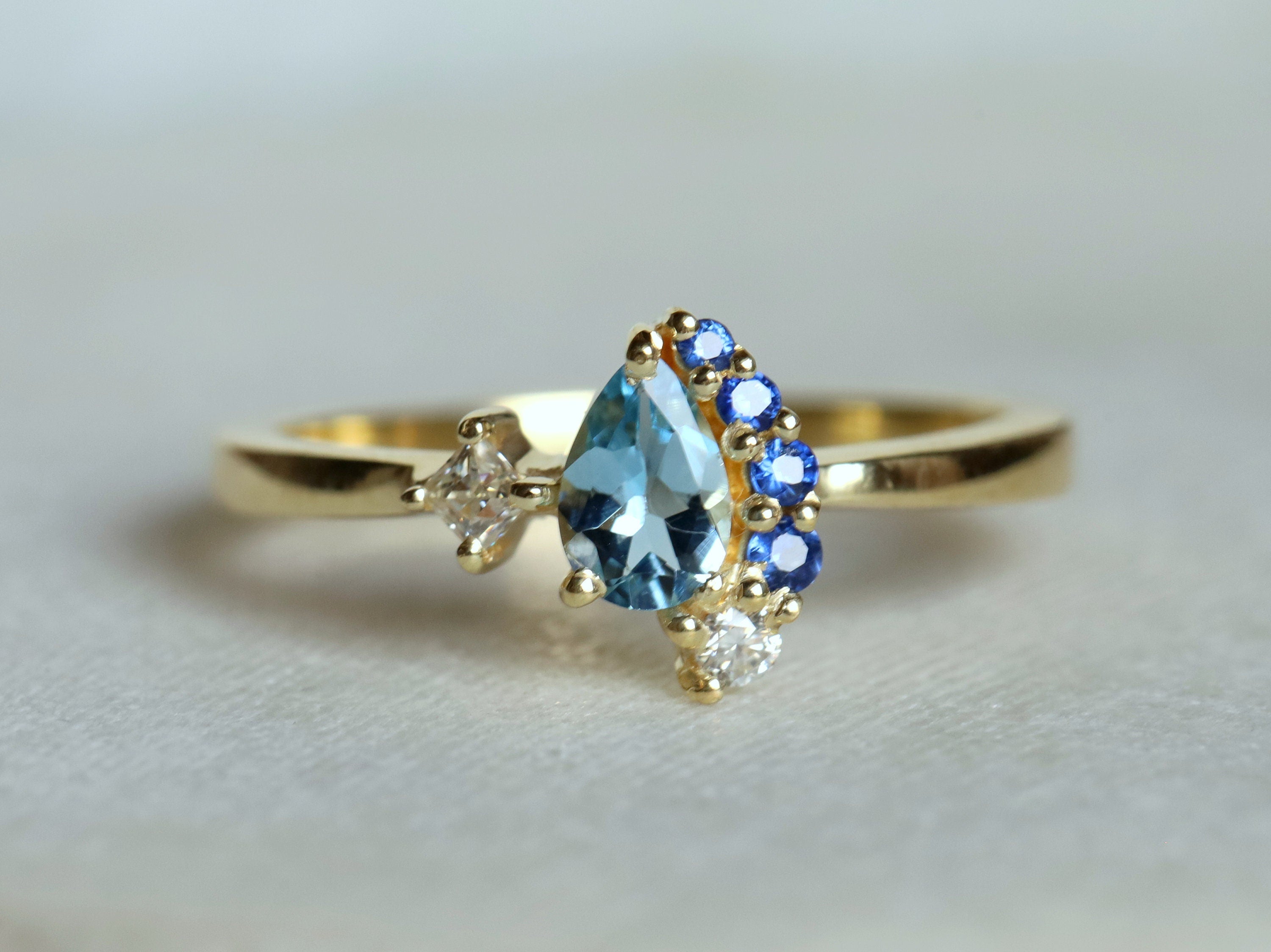 Aquamarine & Diamond Cluster Engagement Ring | Sapphire Cluster Ring -