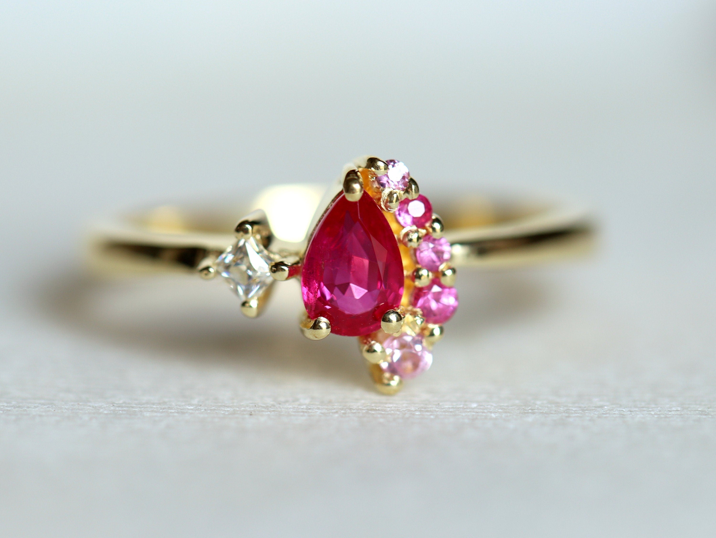 Ruby & Diamond Cluster Engagement Ring | Pear & Round Cut Ruby Ring | July Birthstone -