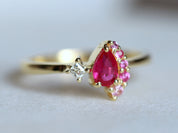 Ruby & Diamond Cluster Engagement Ring | Pear & Round Cut Ruby Ring | July Birthstone -