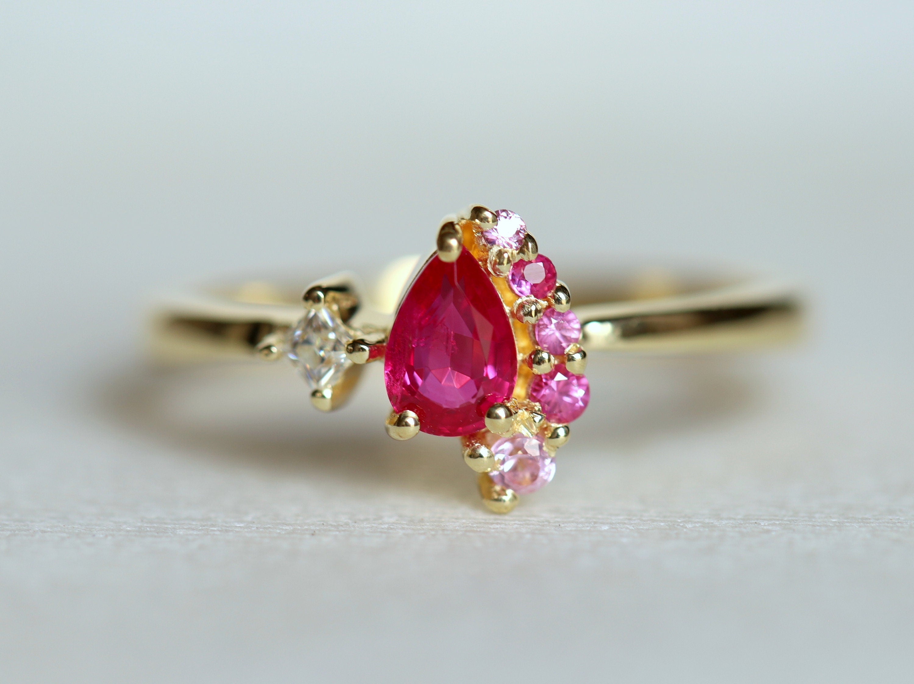 Ruby & Diamond Cluster Engagement Ring | Pear & Round Cut Ruby Ring | July Birthstone -