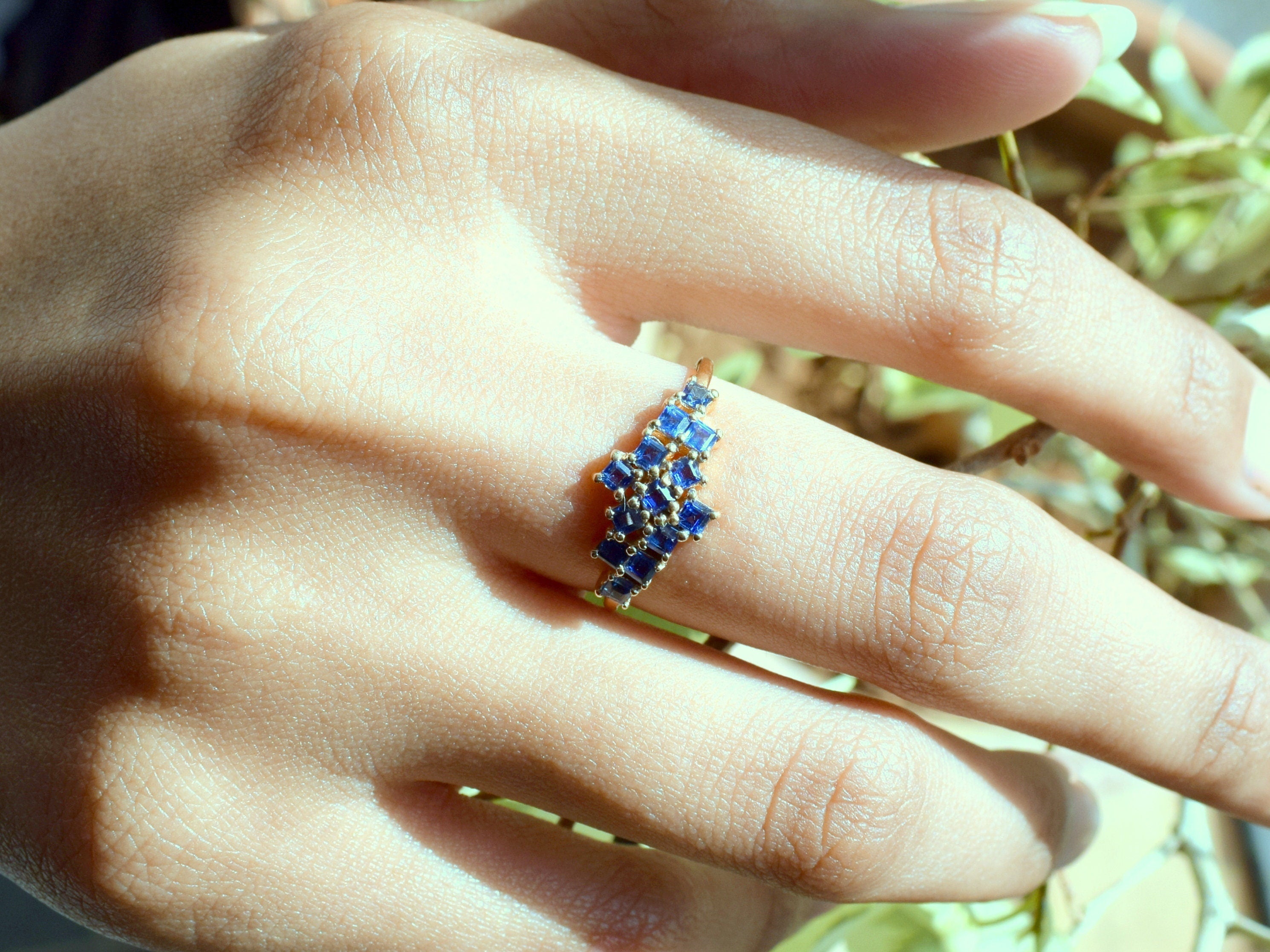 Square Sapphire Cluster Ring | Blue Sapphire Engagement Ring, Cluster Design, Diamond Accents -